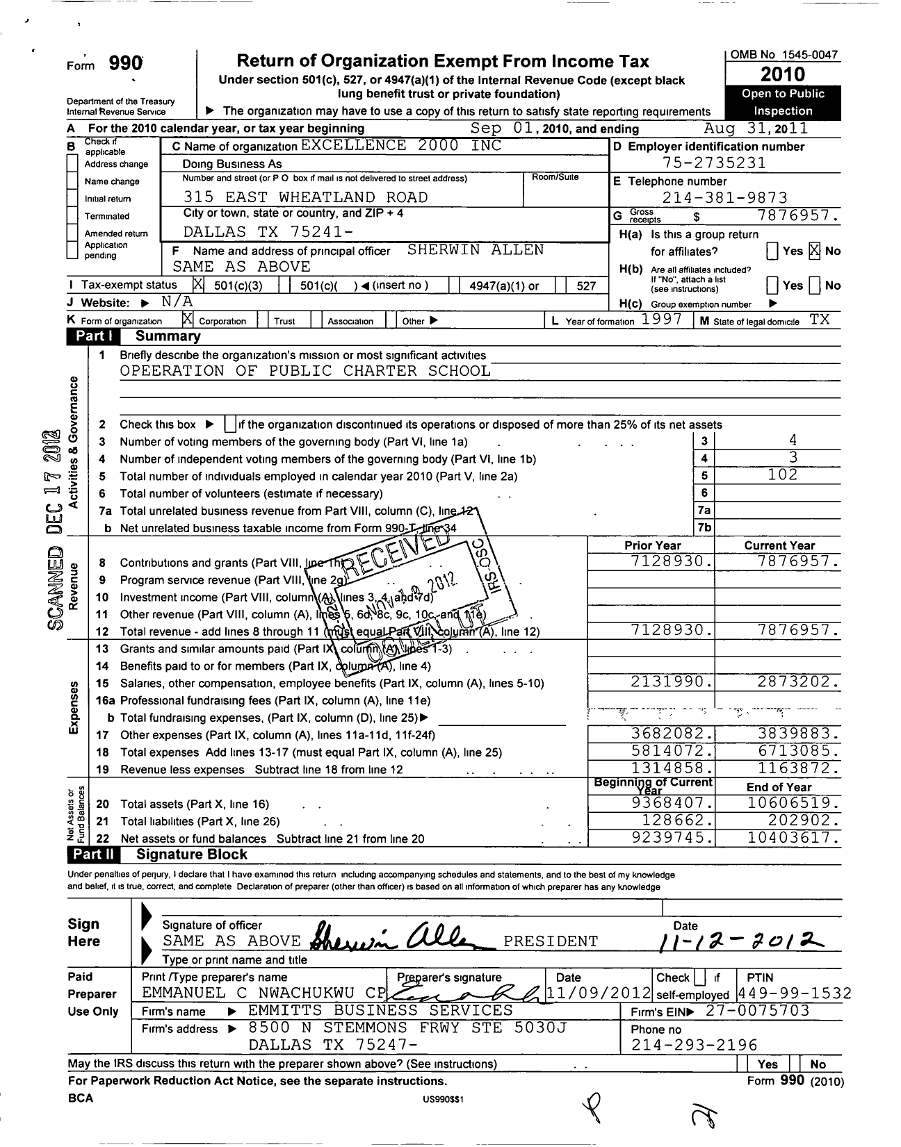 Image of first page of 2010 Form 990 for Excellence 2000