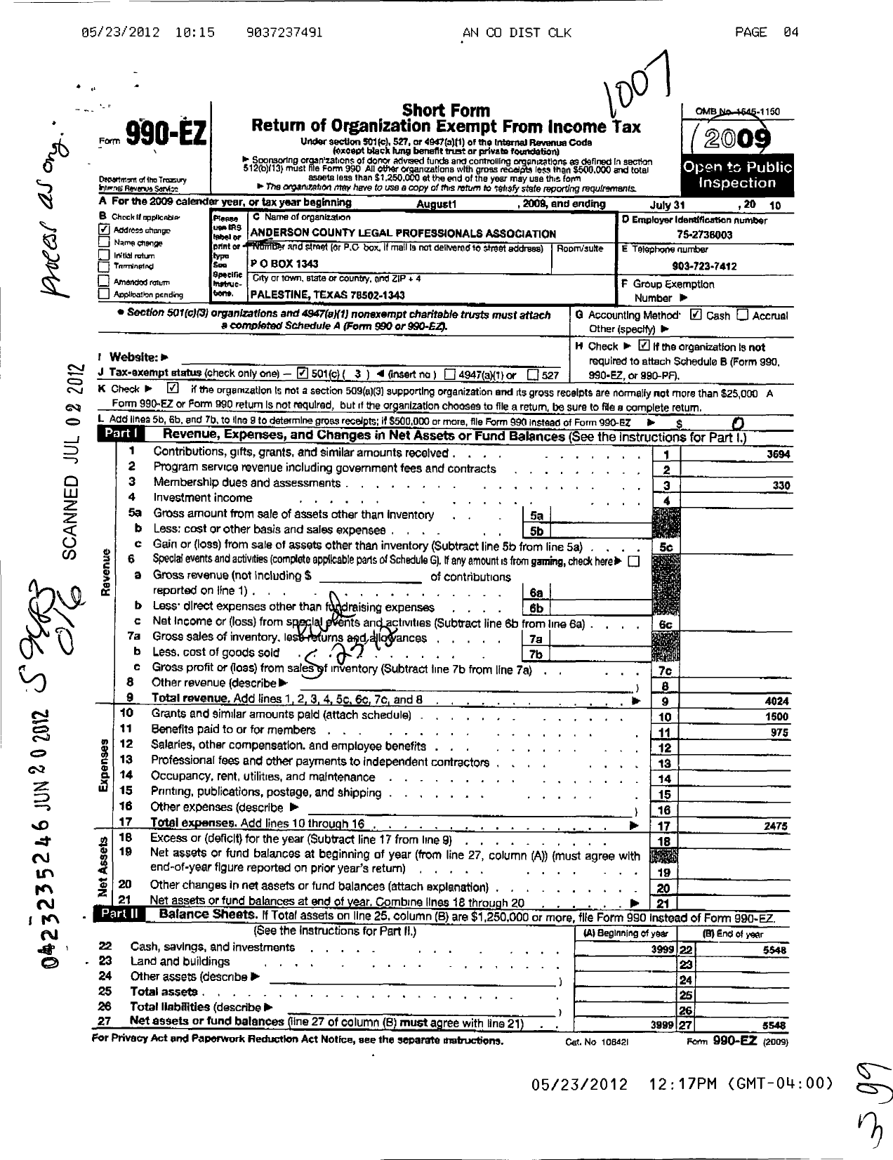 Image of first page of 2009 Form 990EZ for Anderson County Legal Professionals Association