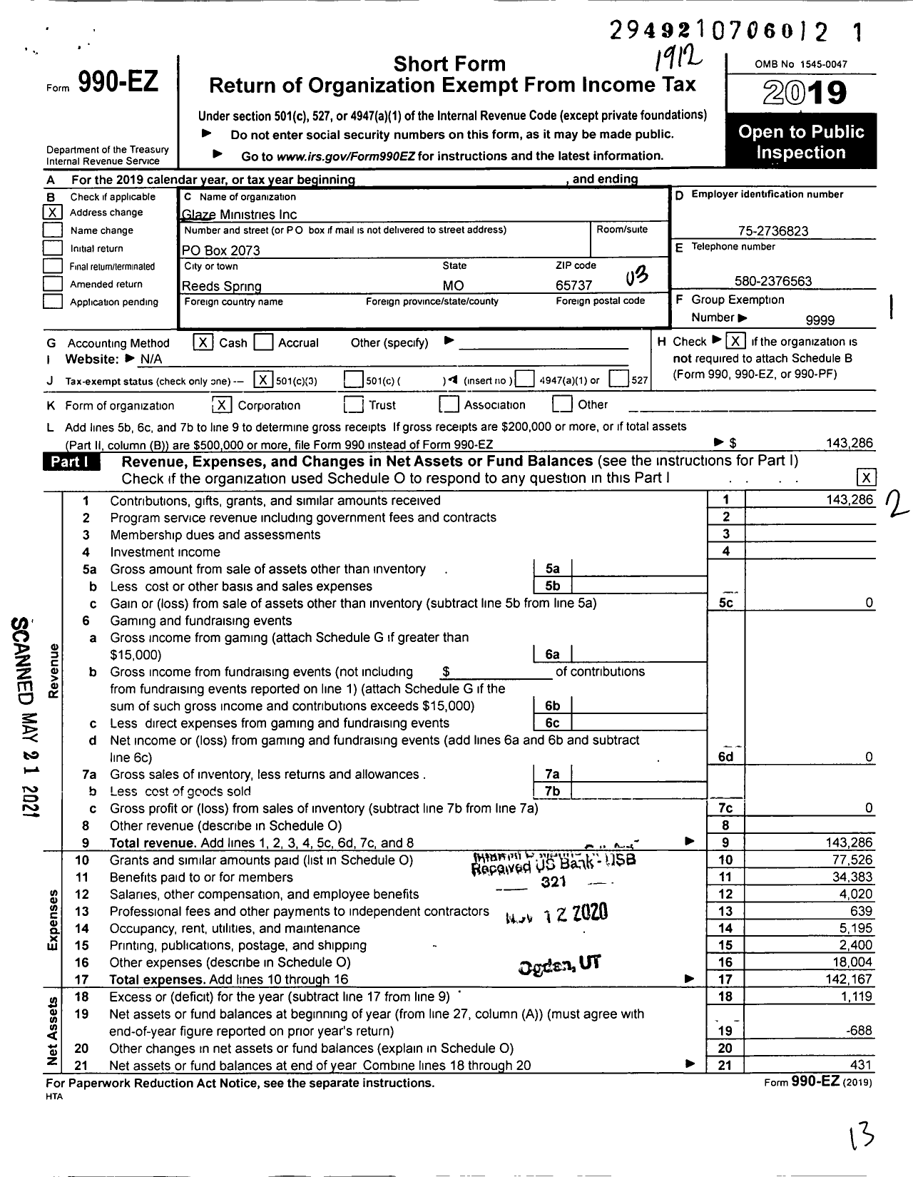 Image of first page of 2019 Form 990EZ for Glaze Ministries