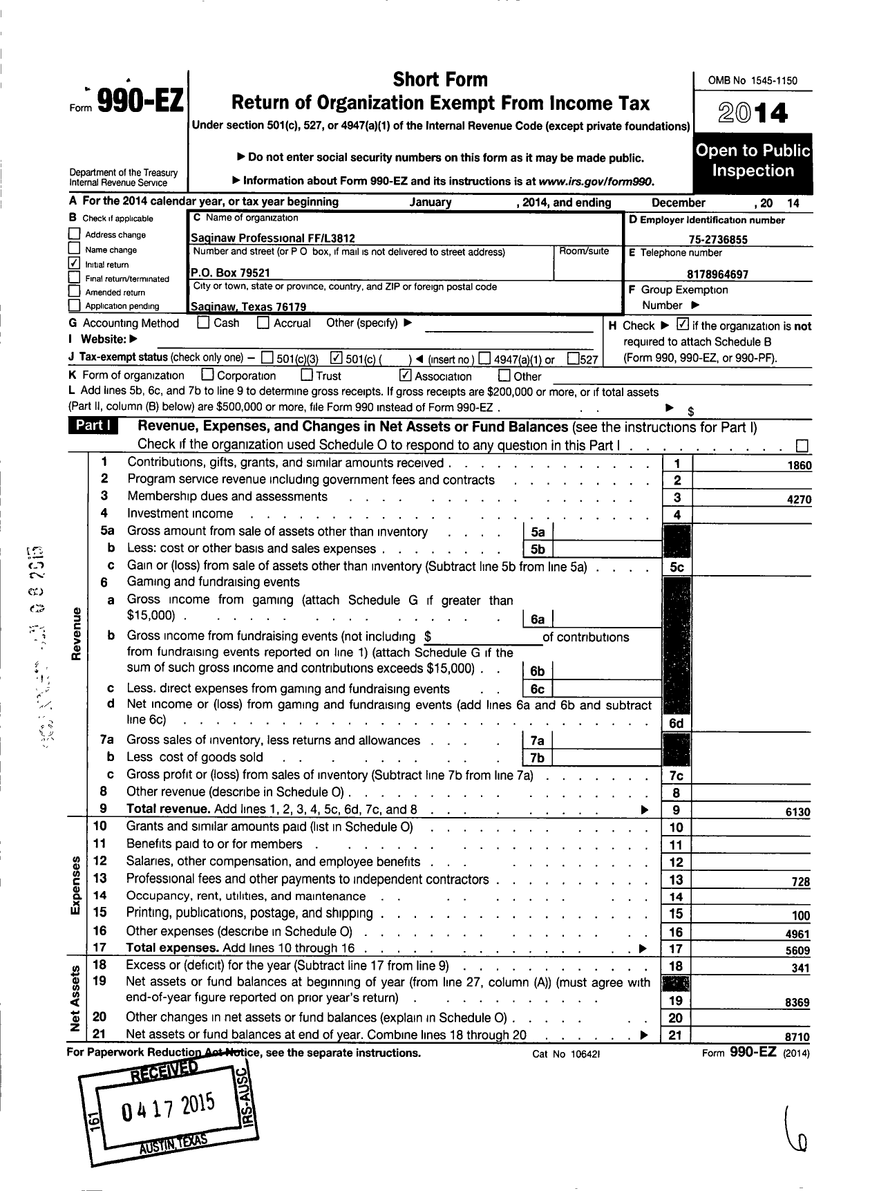 Image of first page of 2014 Form 990EO for International Association of Fire Fighters - 3812 L Saginaw