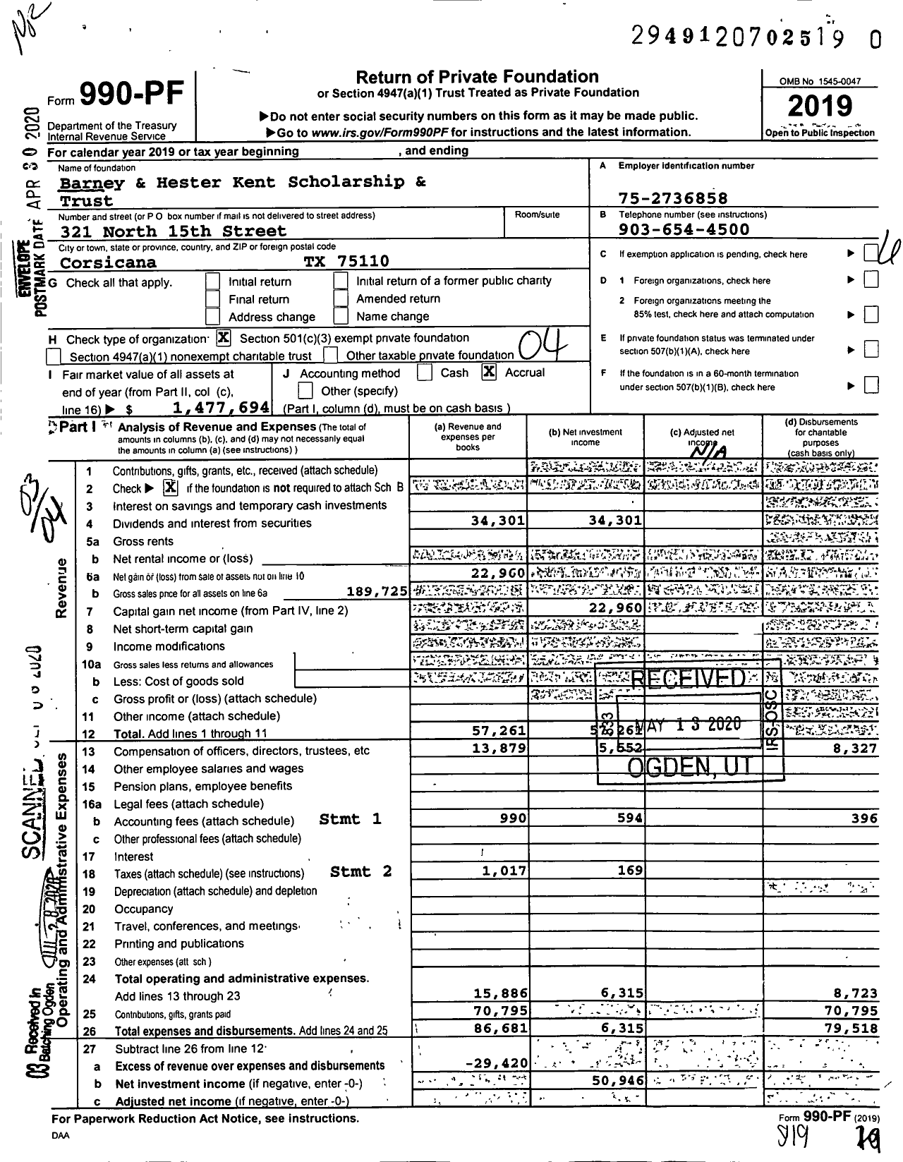 Image of first page of 2019 Form 990PR for Barney and Hester Kent Scholarship and Trust