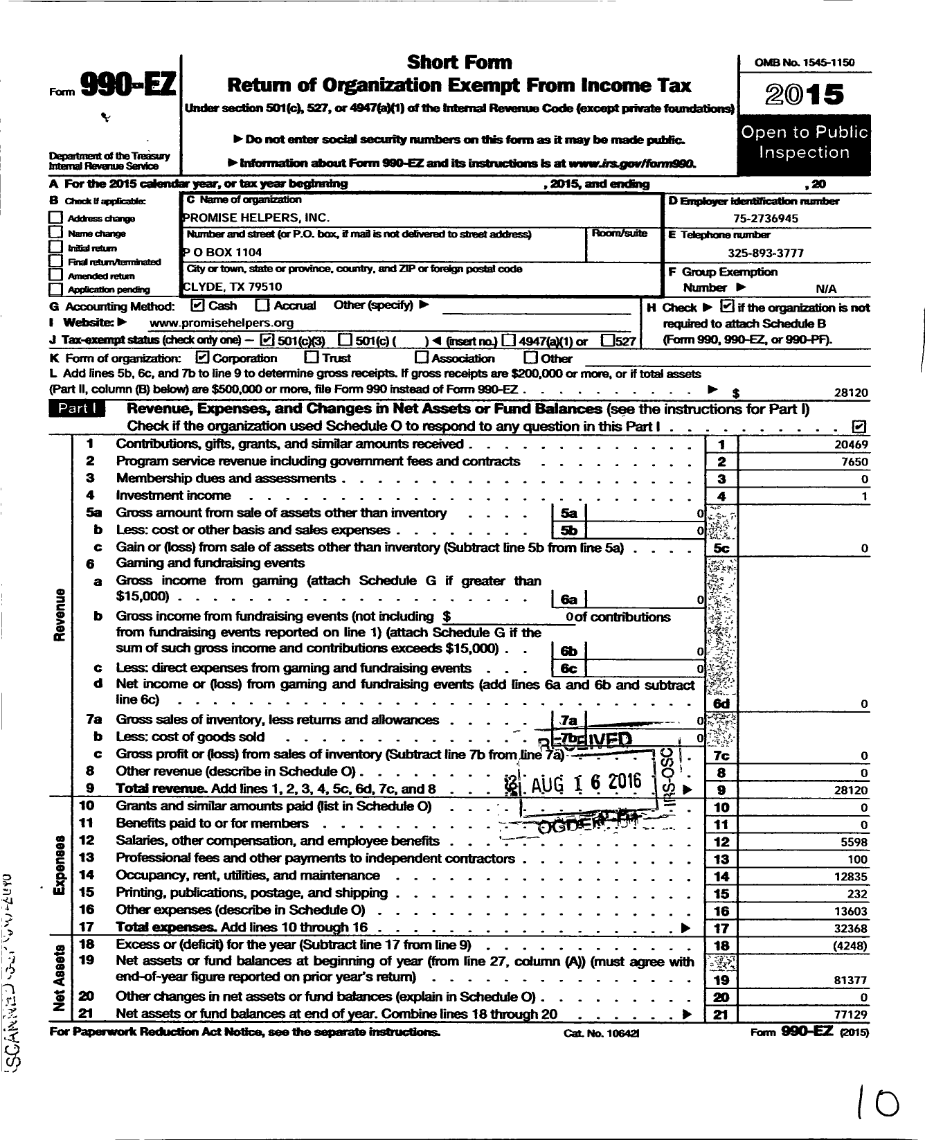 Image of first page of 2015 Form 990EZ for Promise Helpers