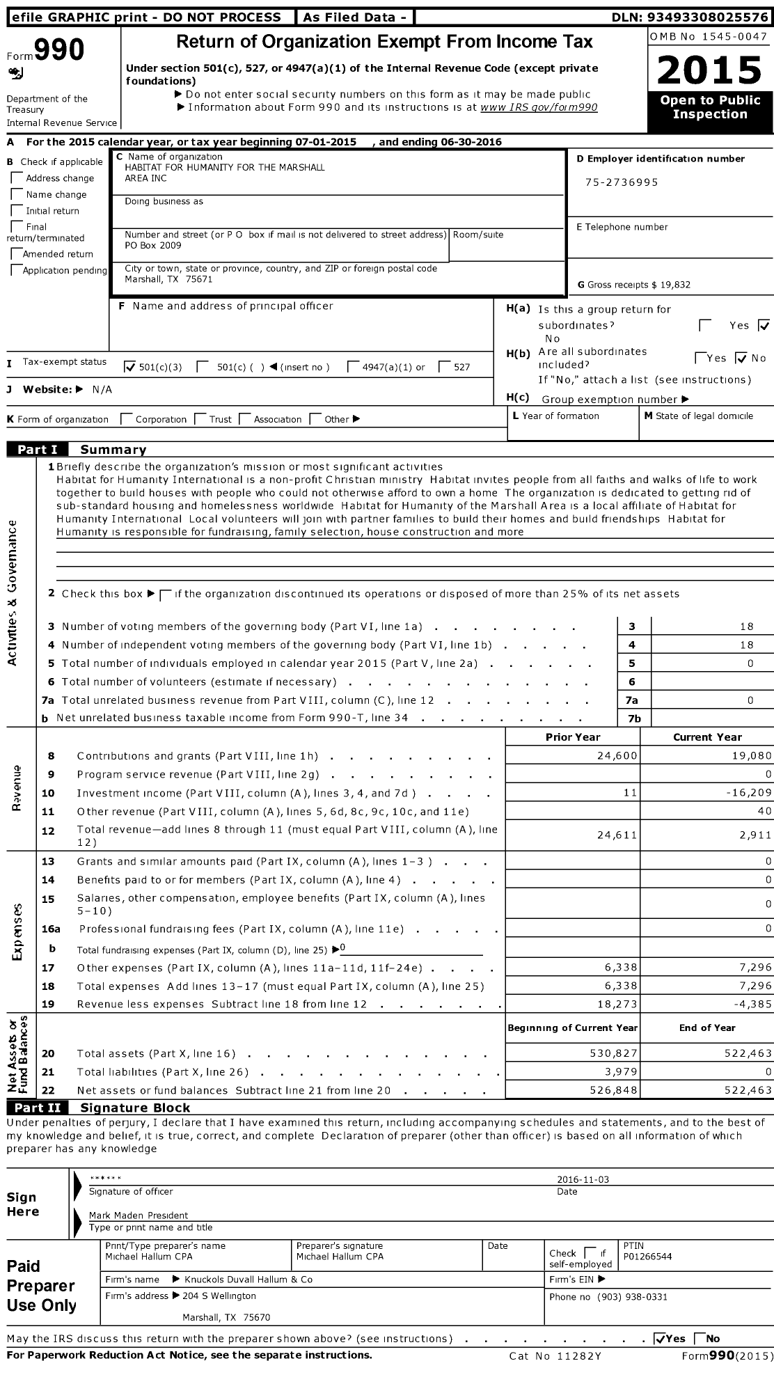 Image of first page of 2015 Form 990 for Habitat For Humanity - Marshall Area HFH of the