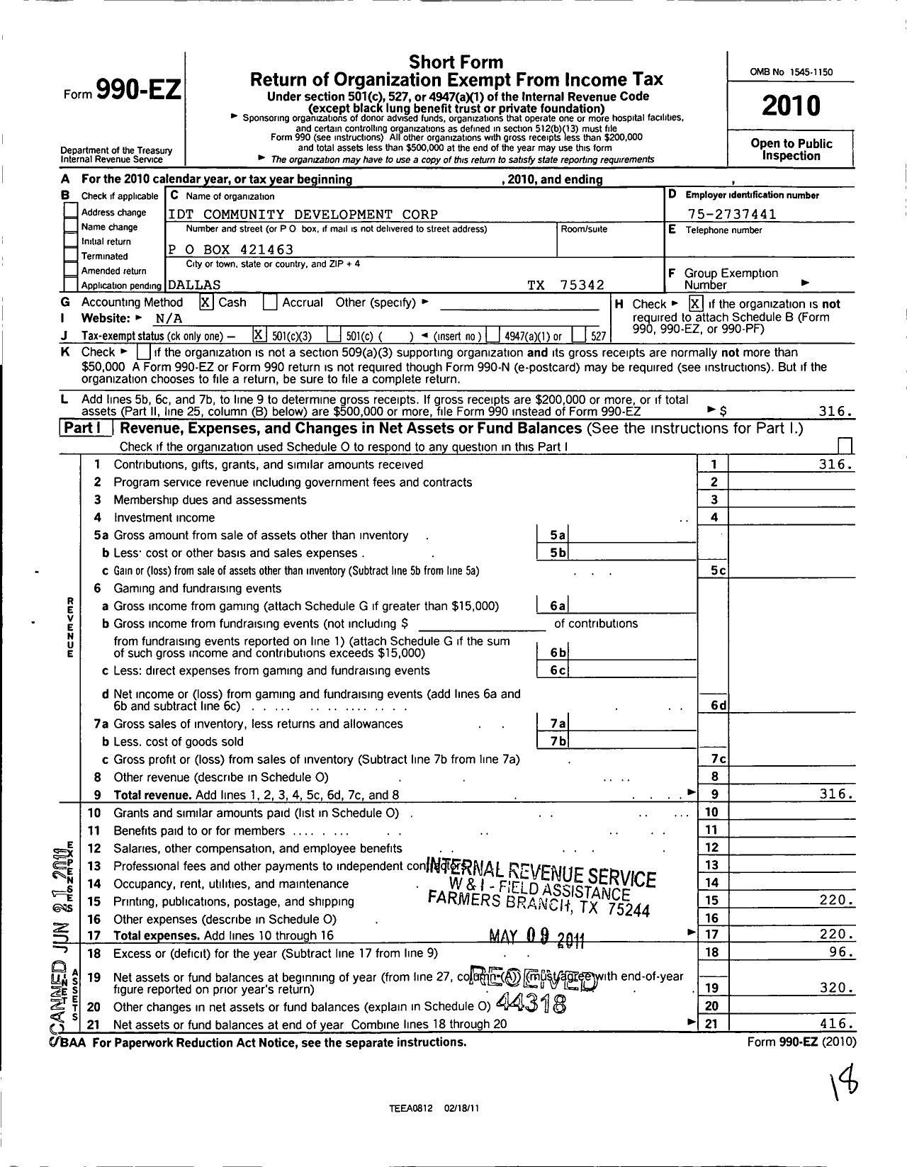 Image of first page of 2010 Form 990EZ for Idt Community Development Corp A 501c3 Organization