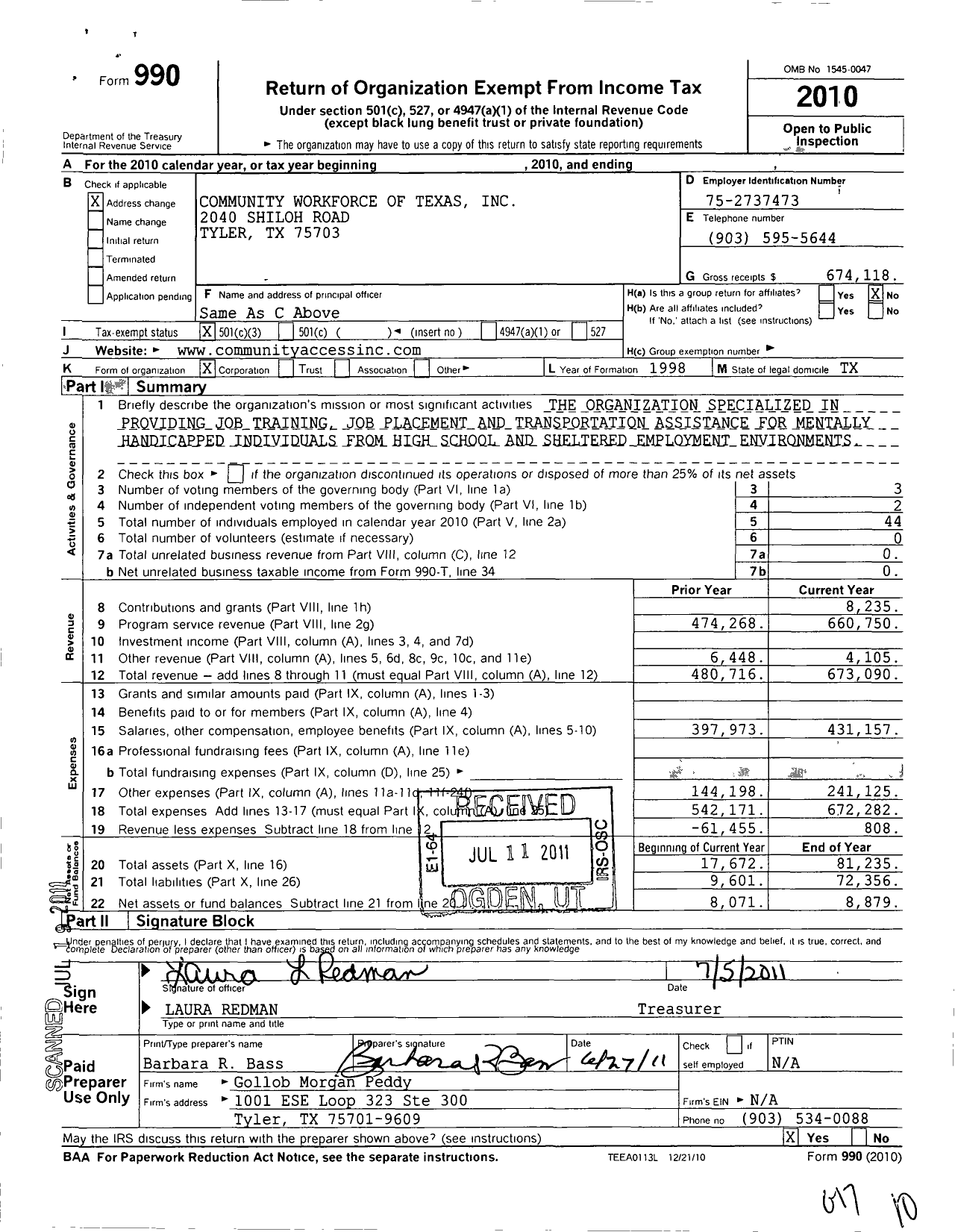 Image of first page of 2010 Form 990 for Community Workforce of Texas