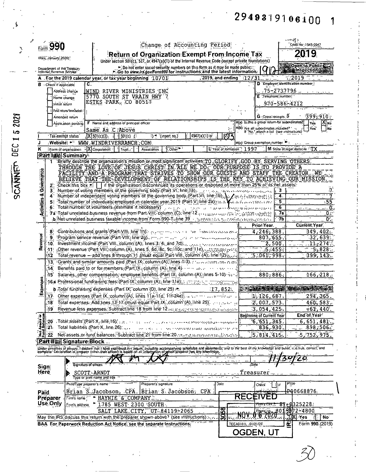 Image of first page of 2019 Form 990 for Wind River Ministries