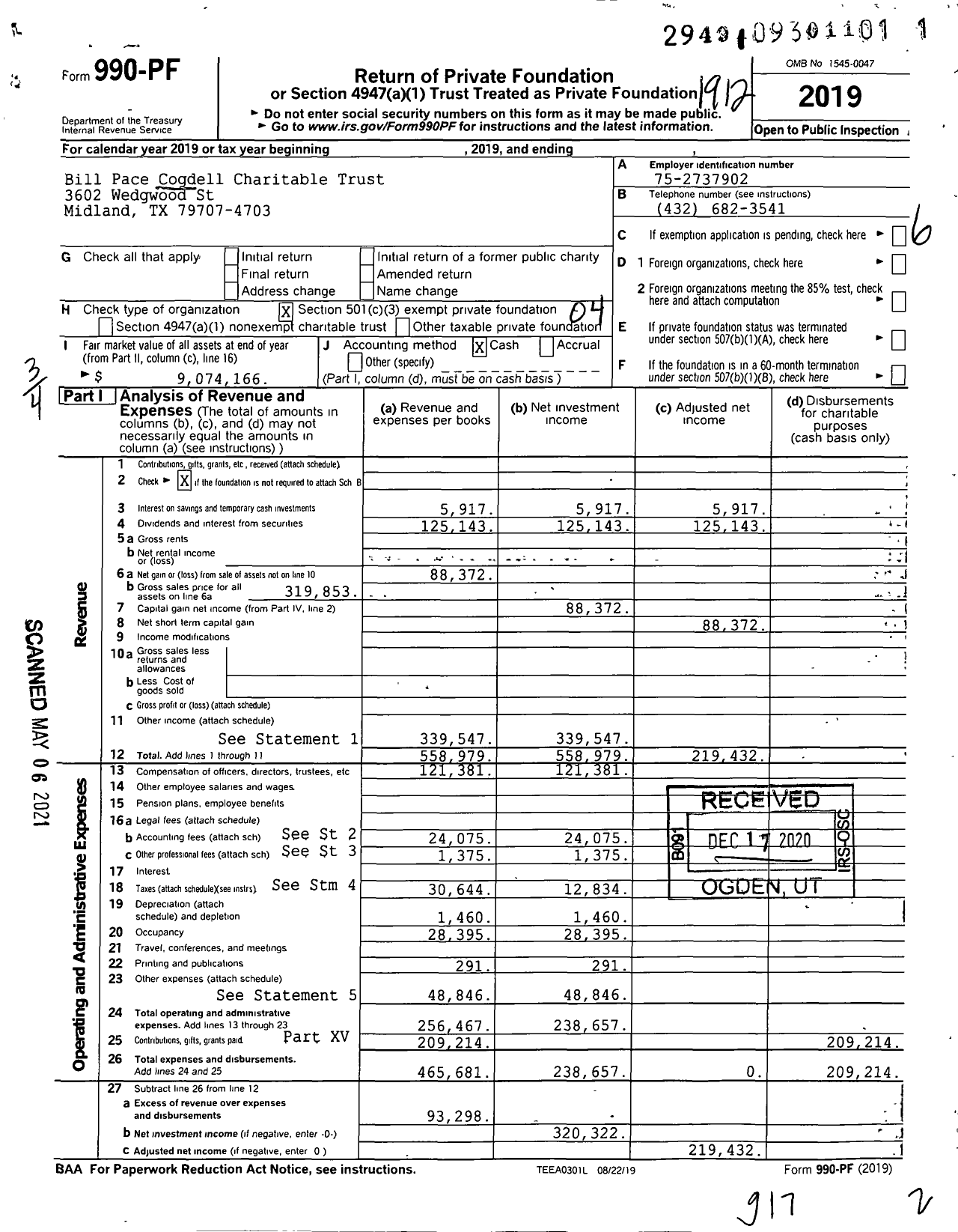 Image of first page of 2019 Form 990PF for Bill Pace Cogdell Charitable Trust