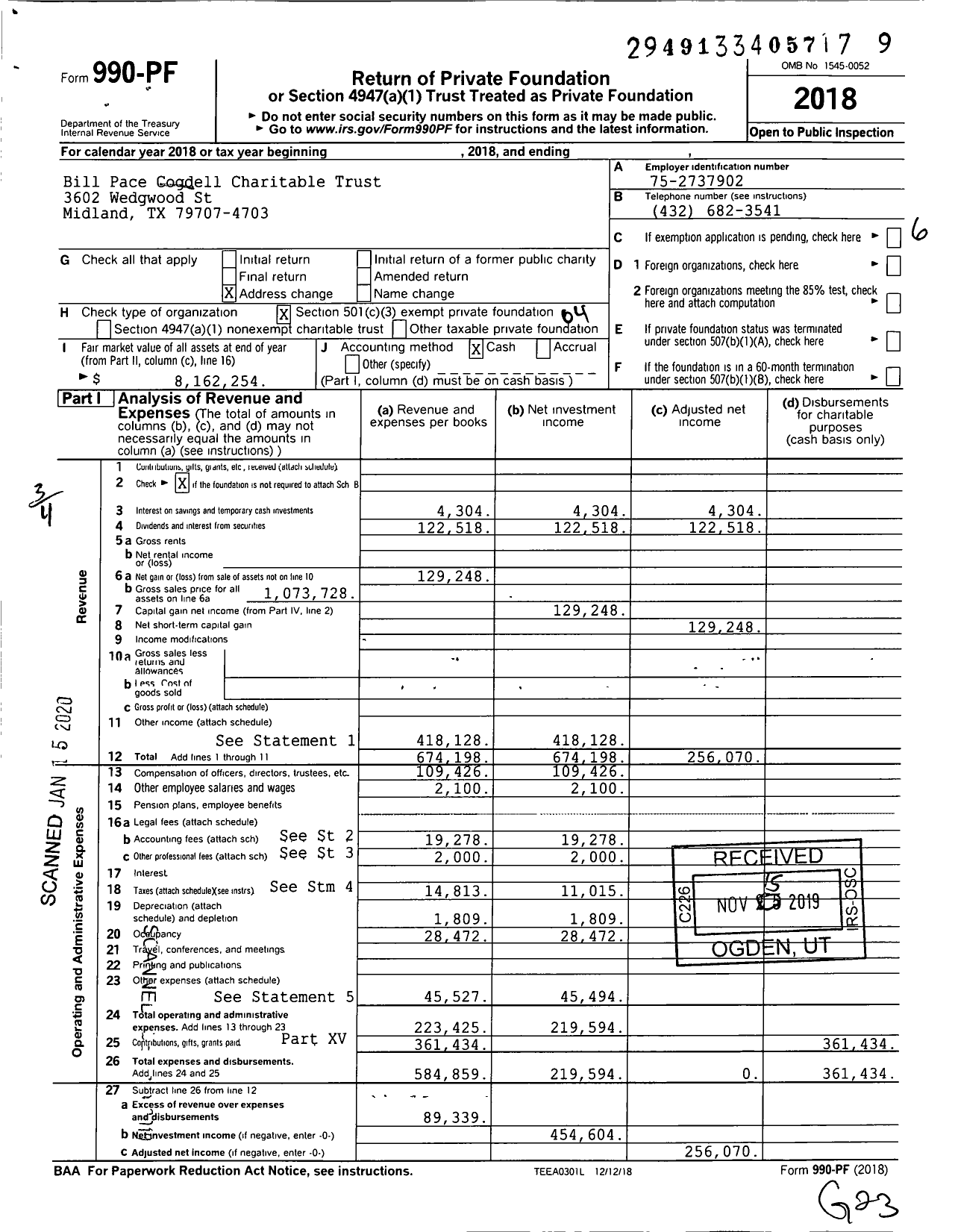 Image of first page of 2018 Form 990PF for Bill Pace Cogdell Charitable Trust