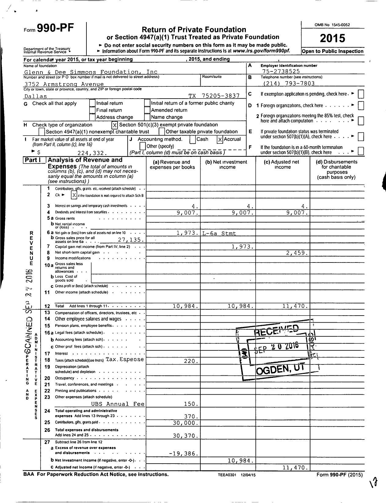 Image of first page of 2015 Form 990PF for Glenn and Dee Simmons Foundation