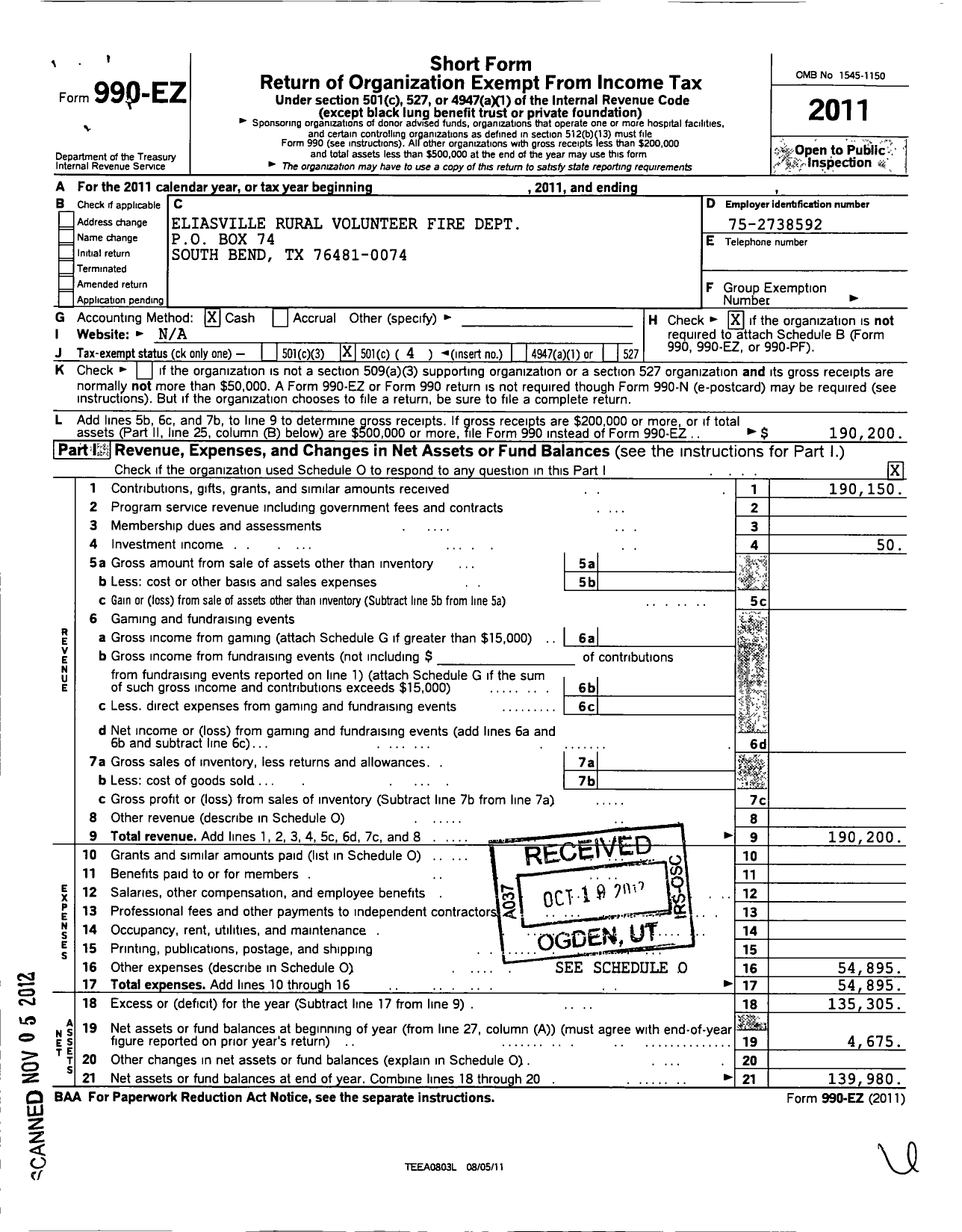 Image of first page of 2011 Form 990EO for Eliasville Rural Volunteer Fire Dept