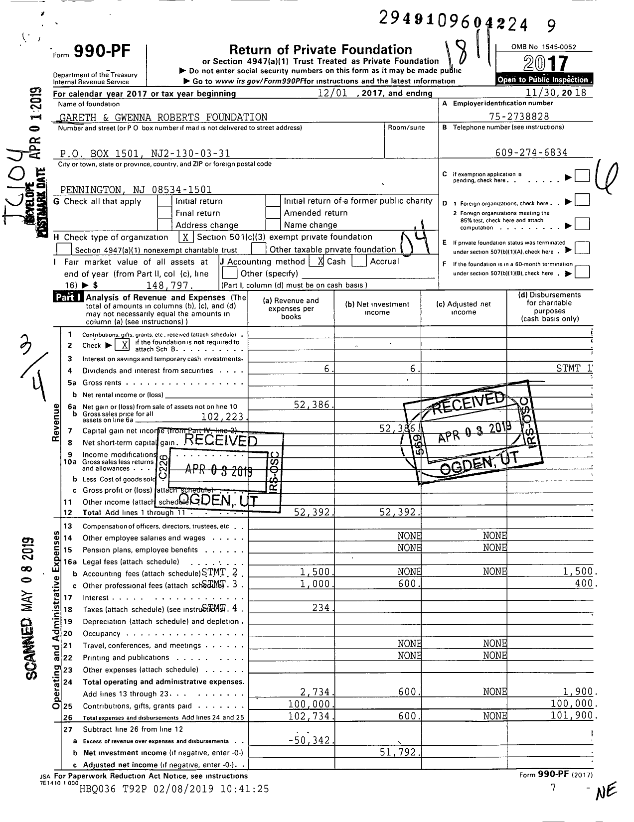 Image of first page of 2017 Form 990PF for Gareth and Gwenna Roberts Foundation