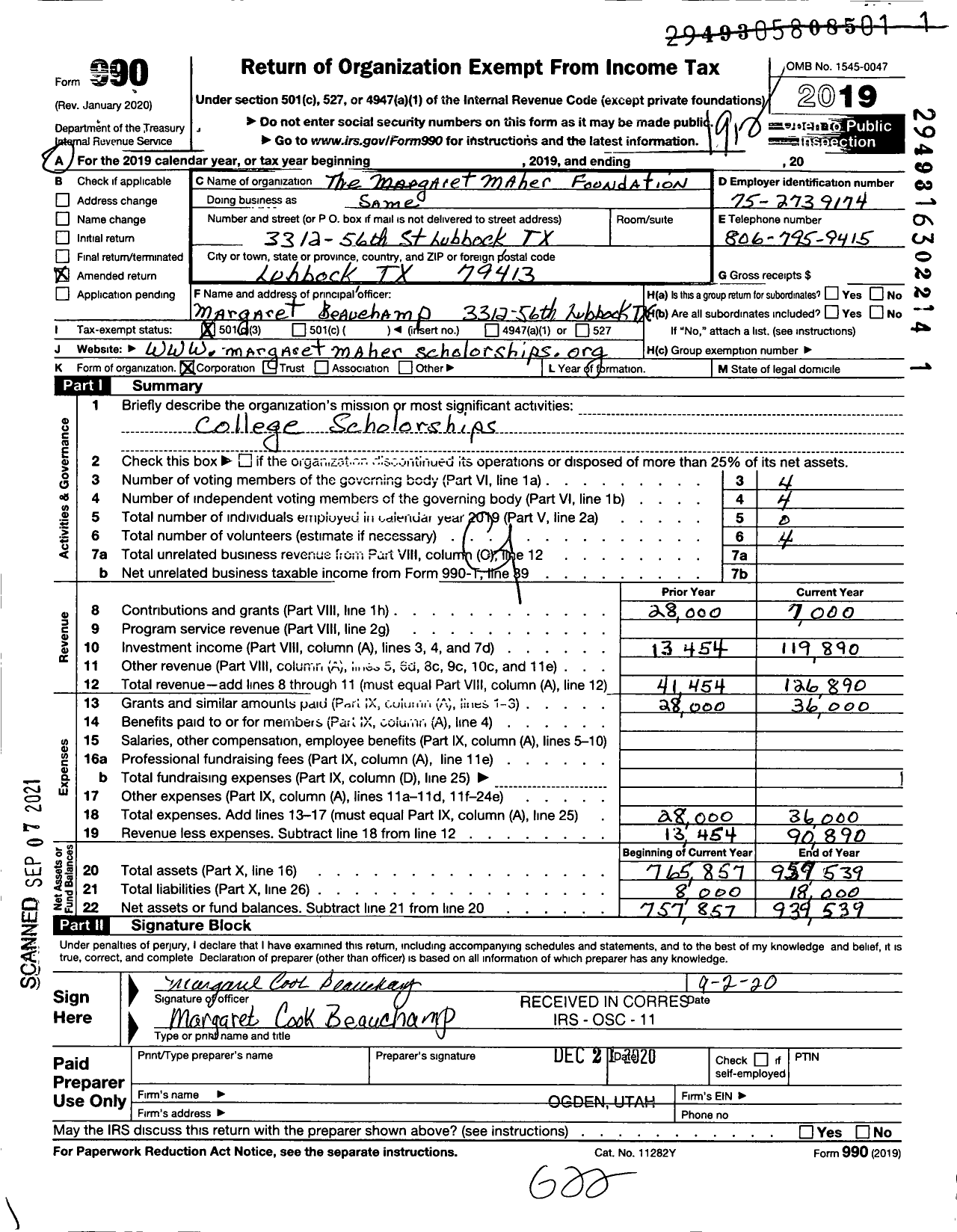 Image of first page of 2019 Form 990 for Margaret Maher Foundation