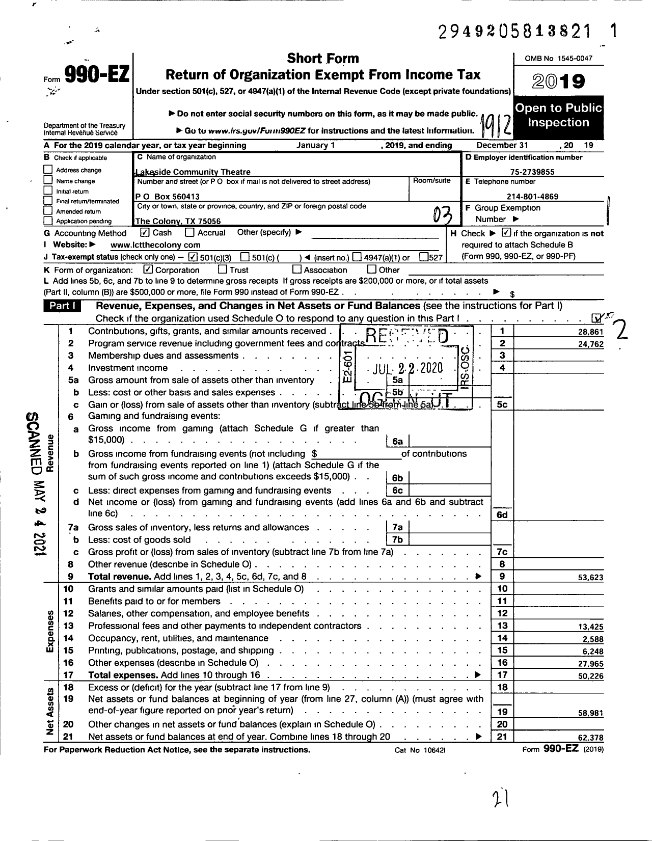 Image of first page of 2019 Form 990EZ for Lakeside Community Theatre