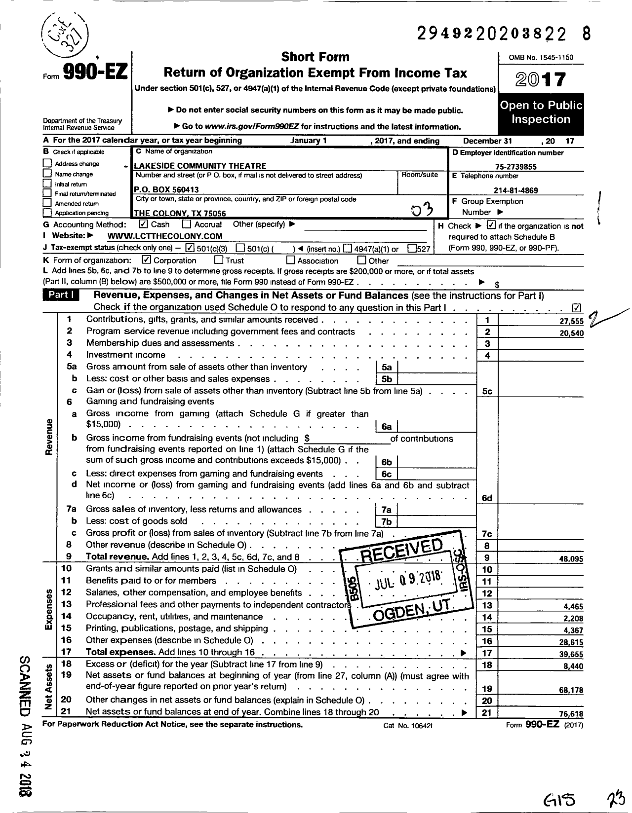 Image of first page of 2017 Form 990EZ for Lakeside Community Theatre