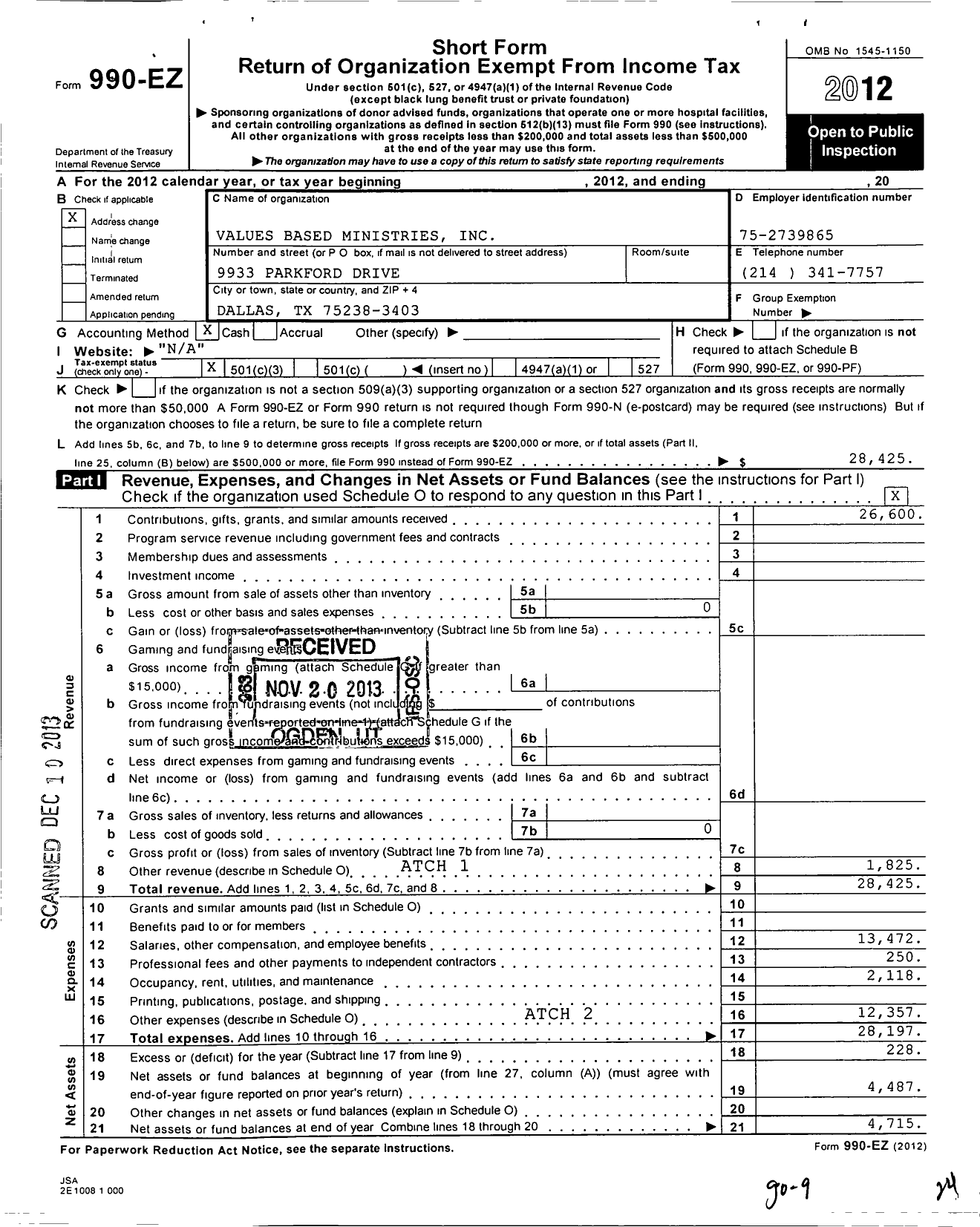 Image of first page of 2012 Form 990EZ for Values Based Ministries