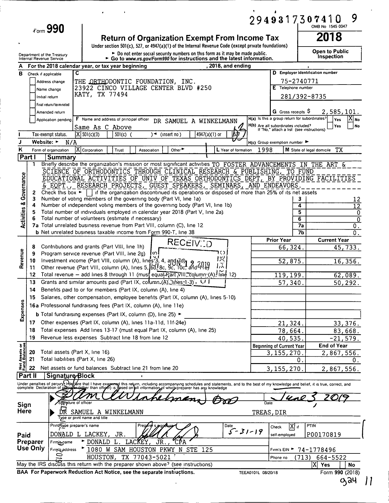 Image of first page of 2018 Form 990 for The Orthodontic Foundation