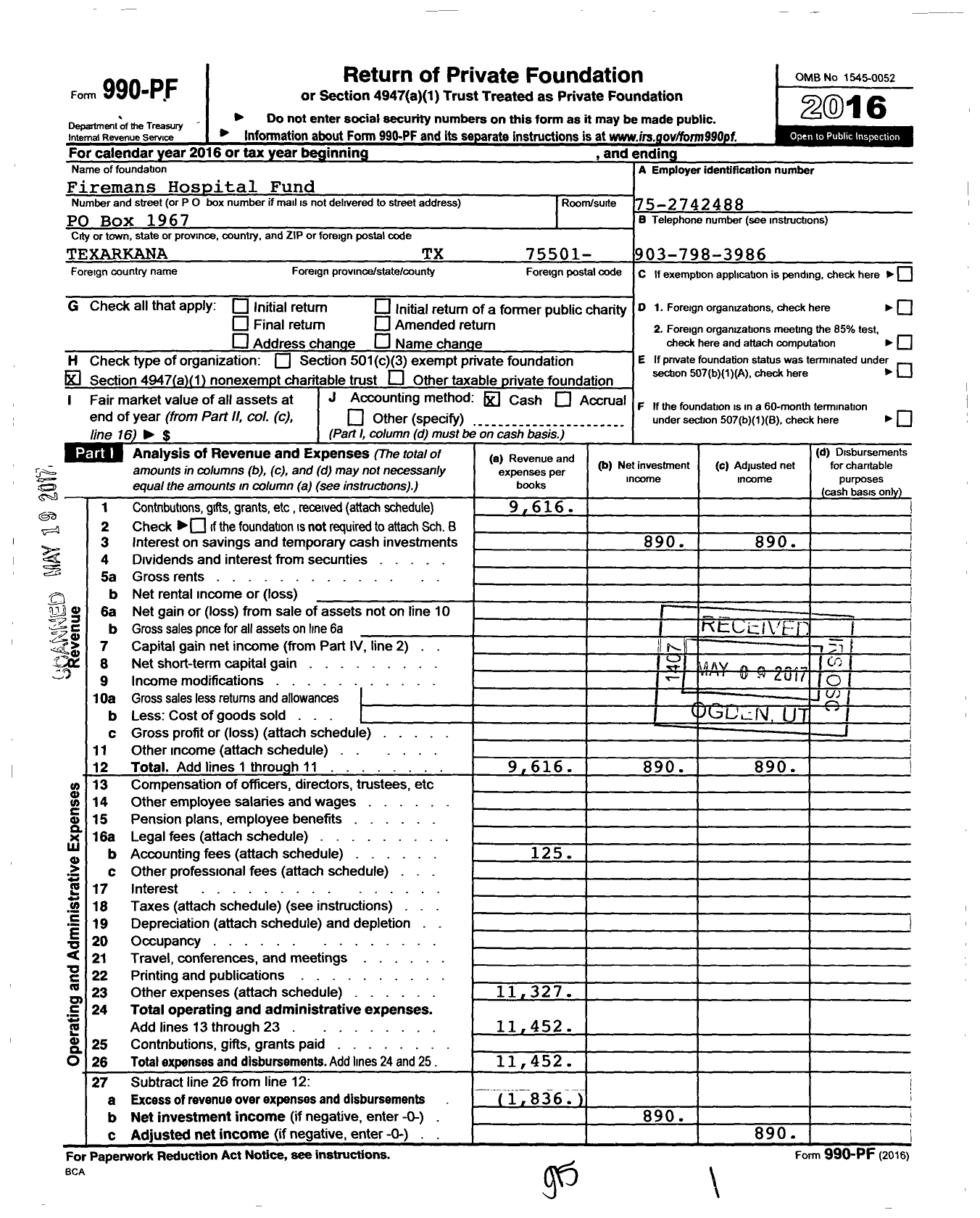 Image of first page of 2016 Form 990PF for Firemens Hospital Fund