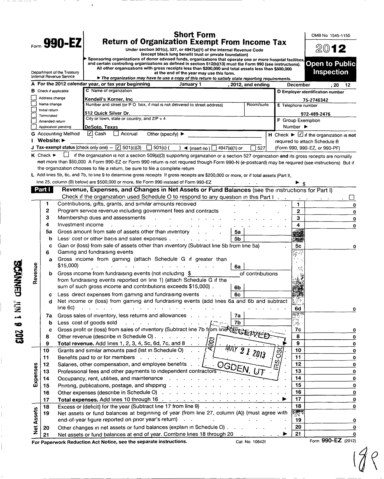 Image of first page of 2012 Form 990EZ for Kendells Korner