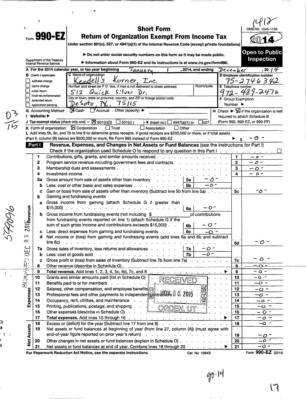 Image of first page of 2014 Form 990EZ for Kendells Korner