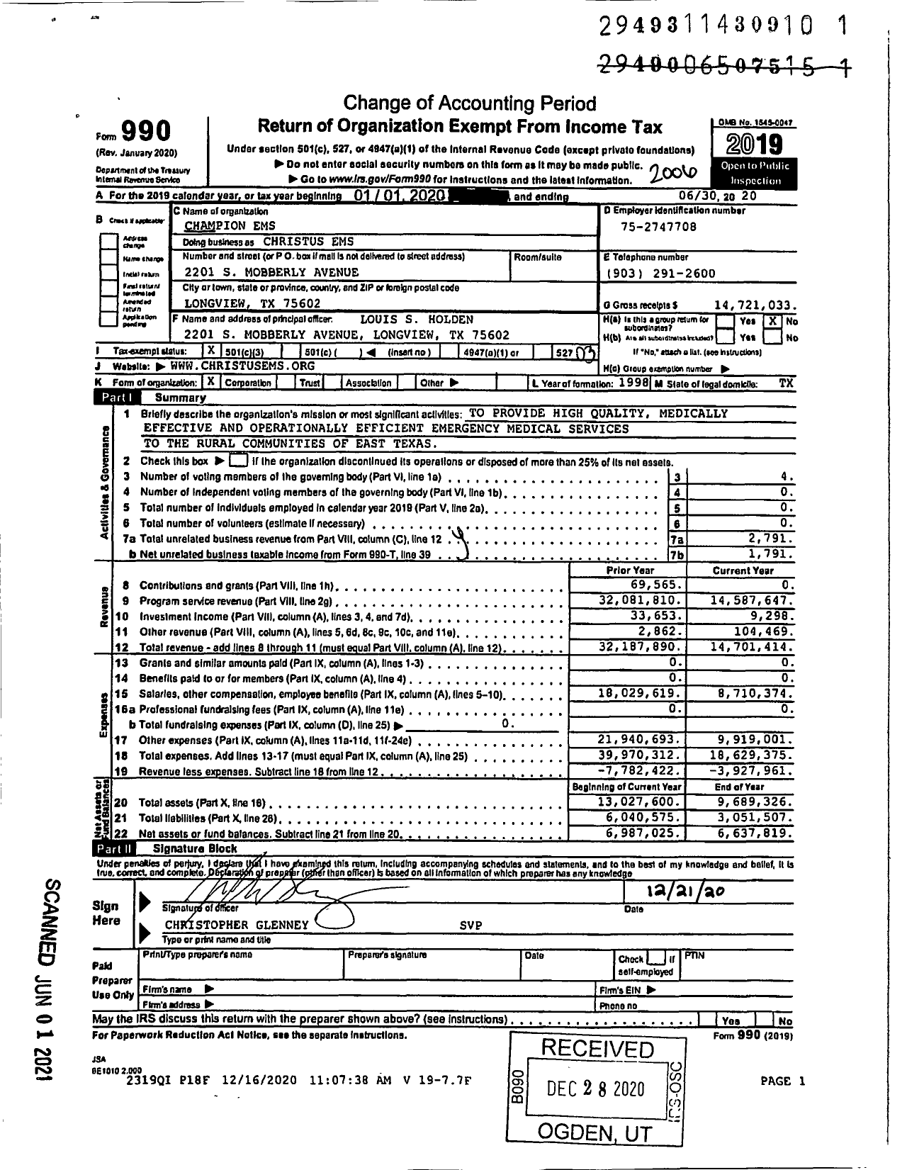 Image of first page of 2019 Form 990 for Christus EMS