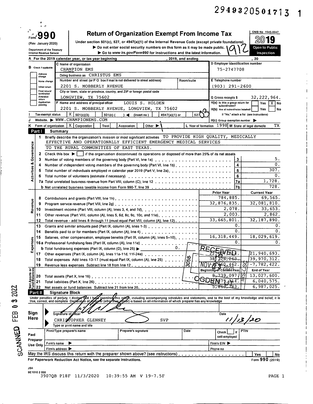 Image of first page of 2019 Form 990 for Christus EMS