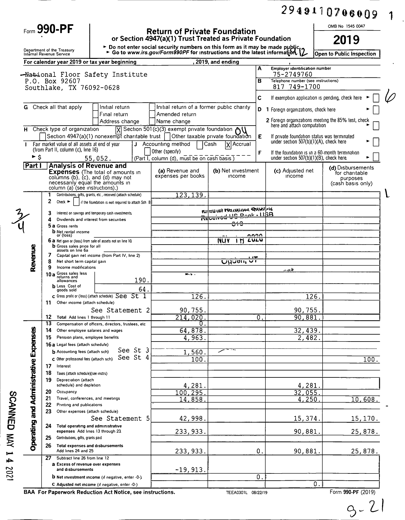 Image of first page of 2019 Form 990PF for National Floor Safety Institute