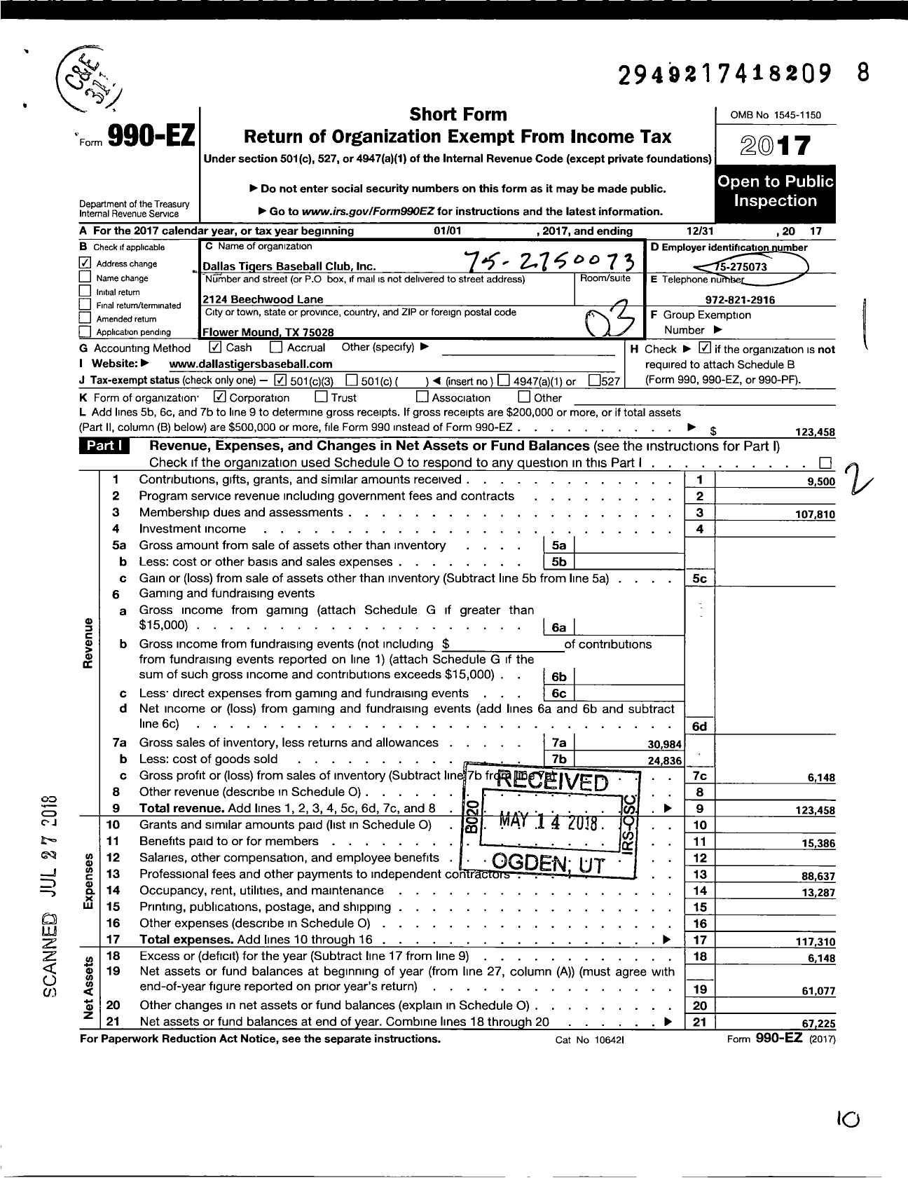 Image of first page of 2017 Form 990EZ for Dallas Tigers Baseball Club