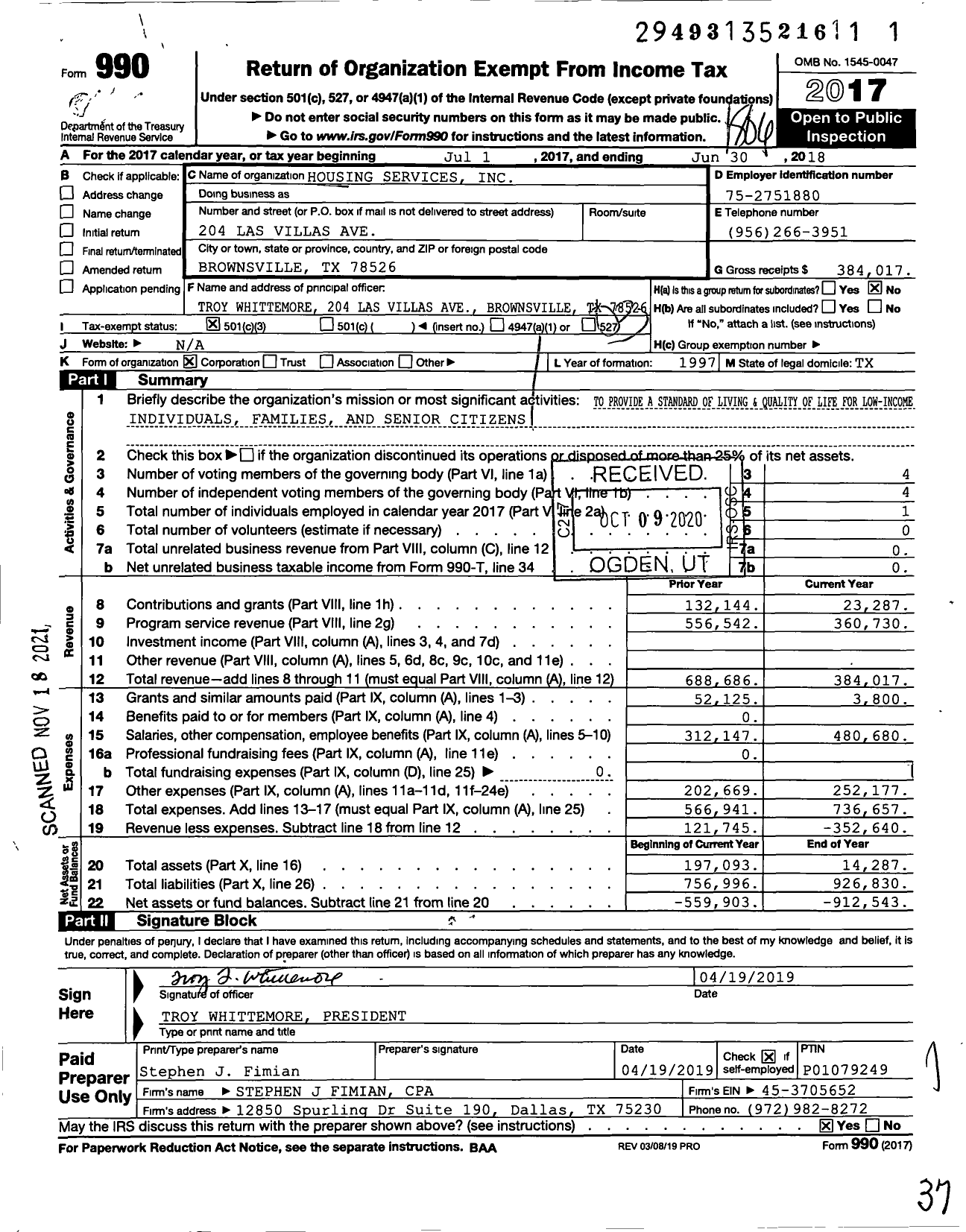 Image of first page of 2017 Form 990 for Housing Services