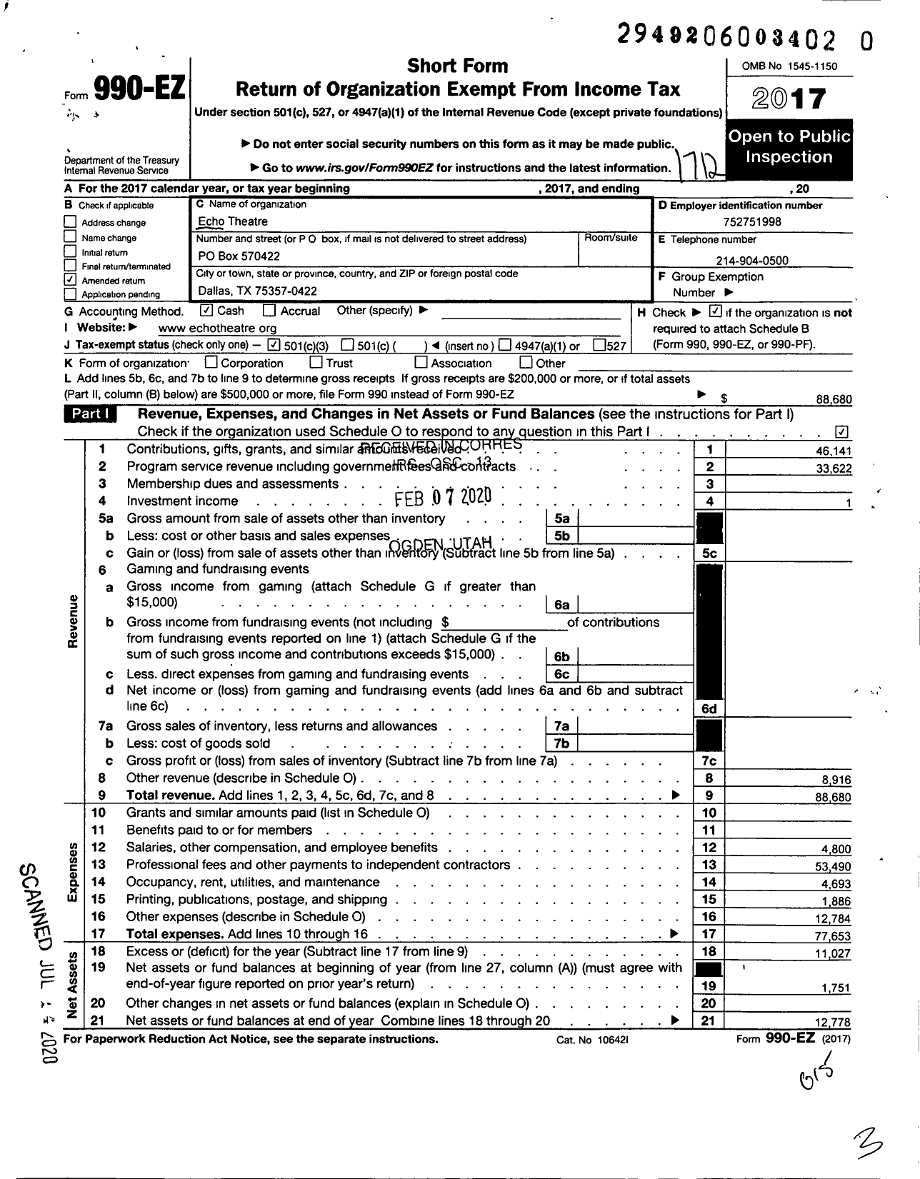 Image of first page of 2017 Form 990EZ for Echo Theatre