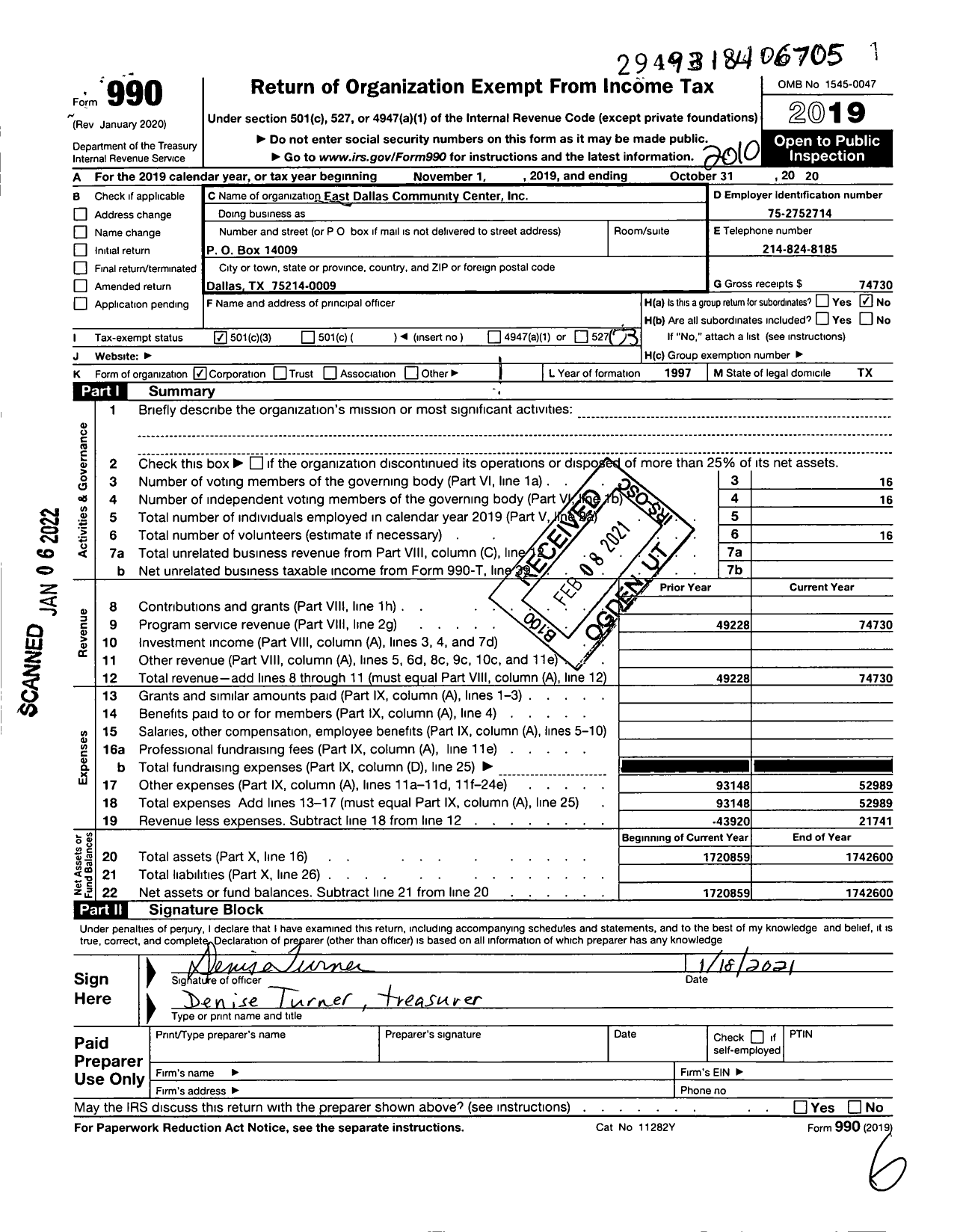 Image of first page of 2019 Form 990 for East Dallas Community Center