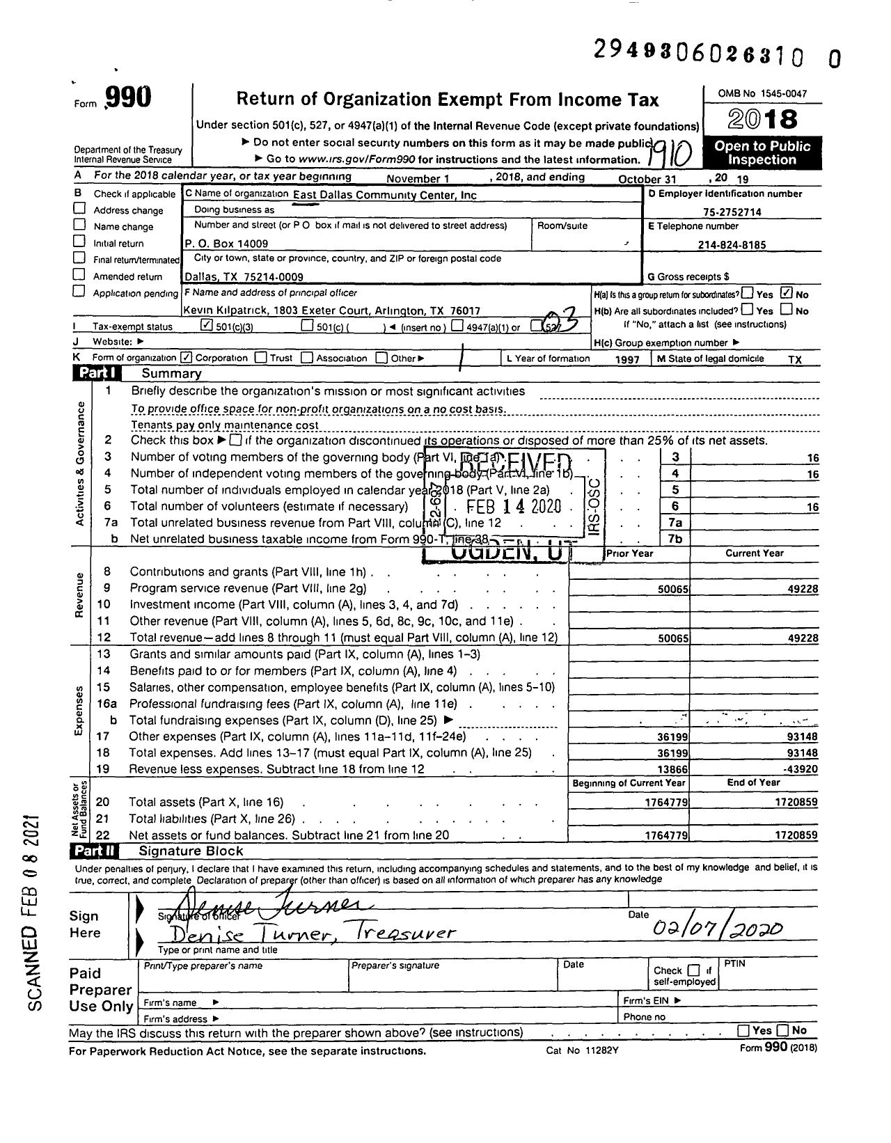 Image of first page of 2018 Form 990 for East Dallas Community Center