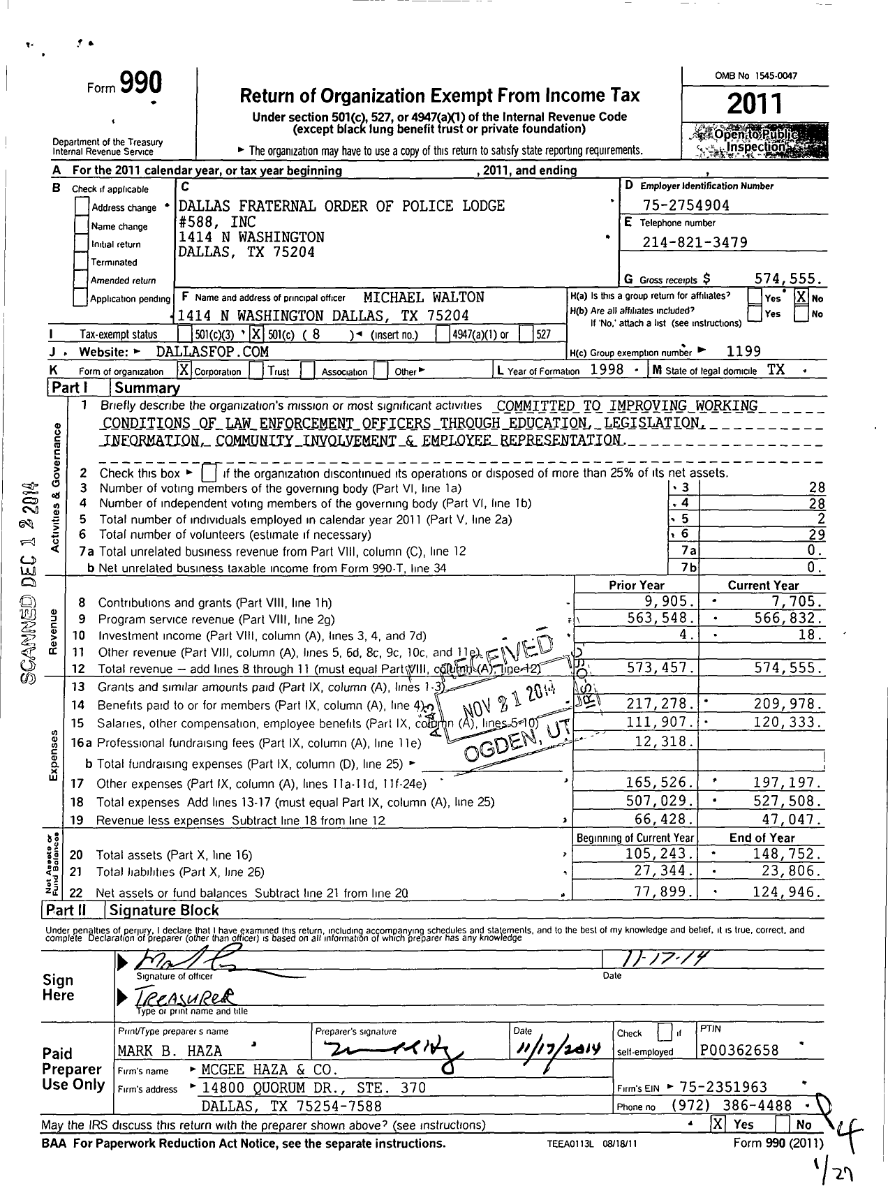 Image of first page of 2011 Form 990O for Dallas Fraternal Order of Police Lodge 588