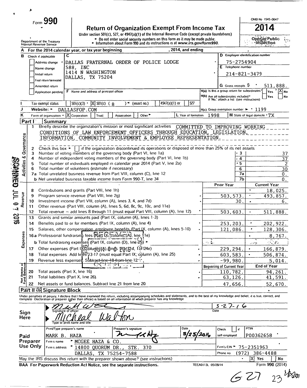 Image of first page of 2014 Form 990O for Dallas Fraternal Order of Police Lodge 588