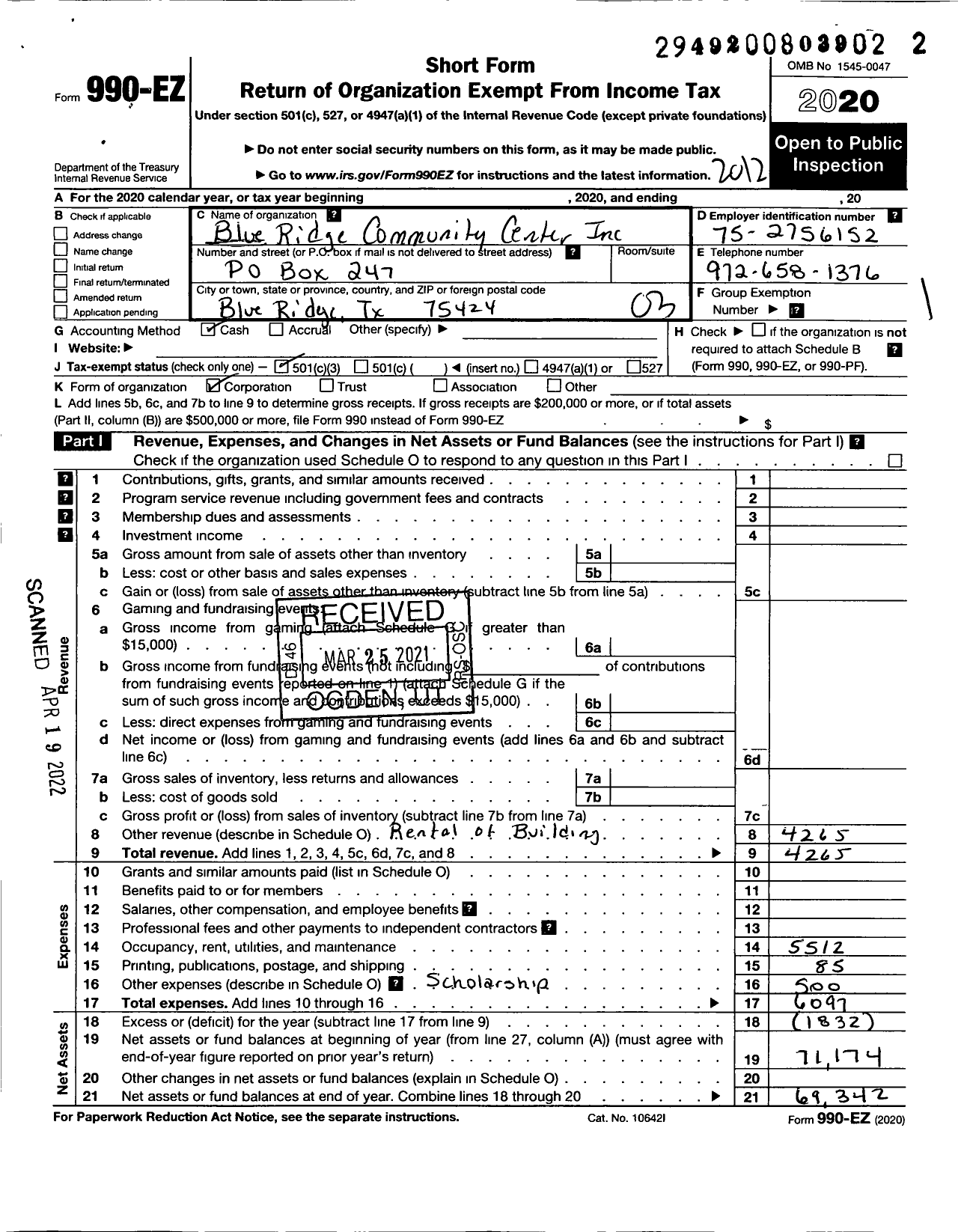 Image of first page of 2020 Form 990EZ for Blue Ridge Community Center