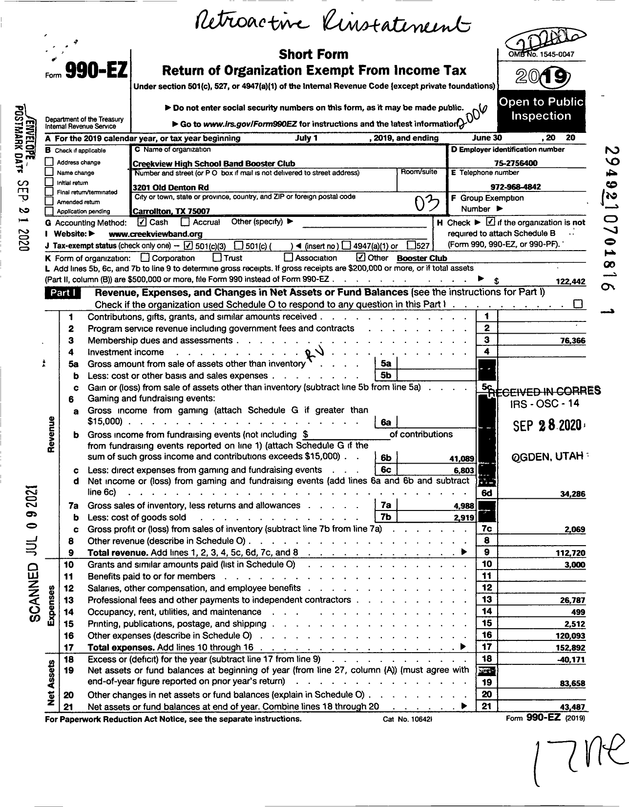 Image of first page of 2019 Form 990EZ for Creekview High School Band Booster Club