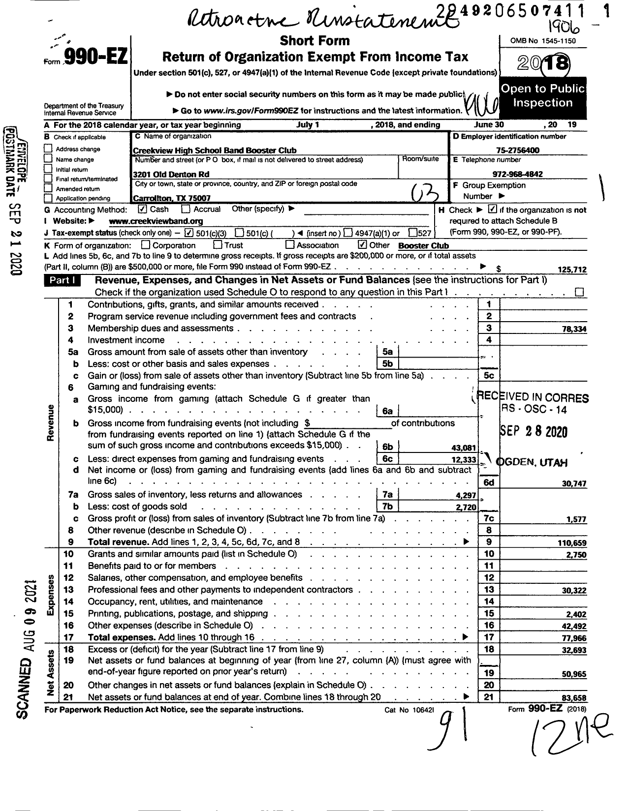 Image of first page of 2018 Form 990EZ for Creekview High School Band Booster Club