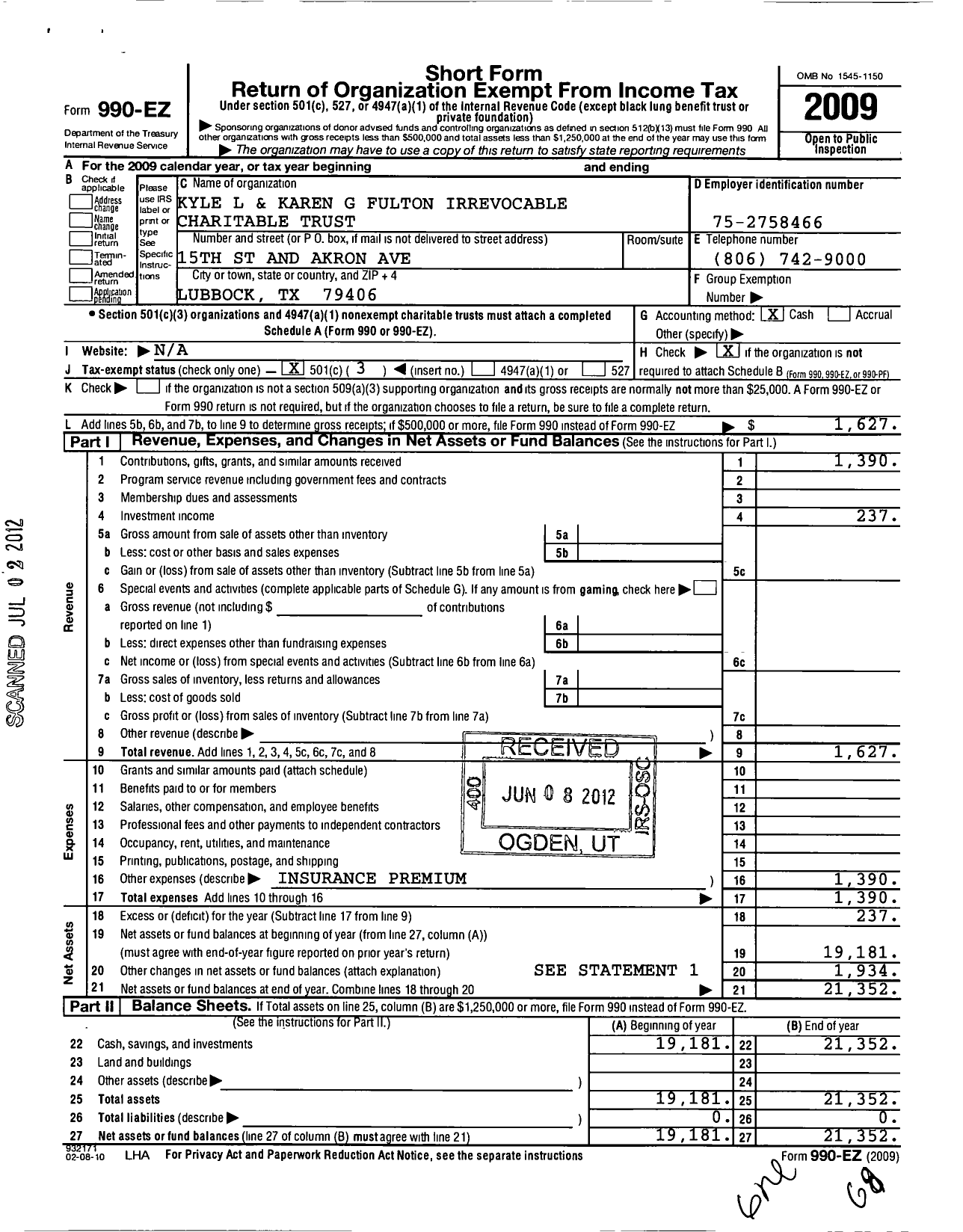 Image of first page of 2009 Form 990EZ for Kyle L and Karen G Fulton Irrevocable Charitable Trust