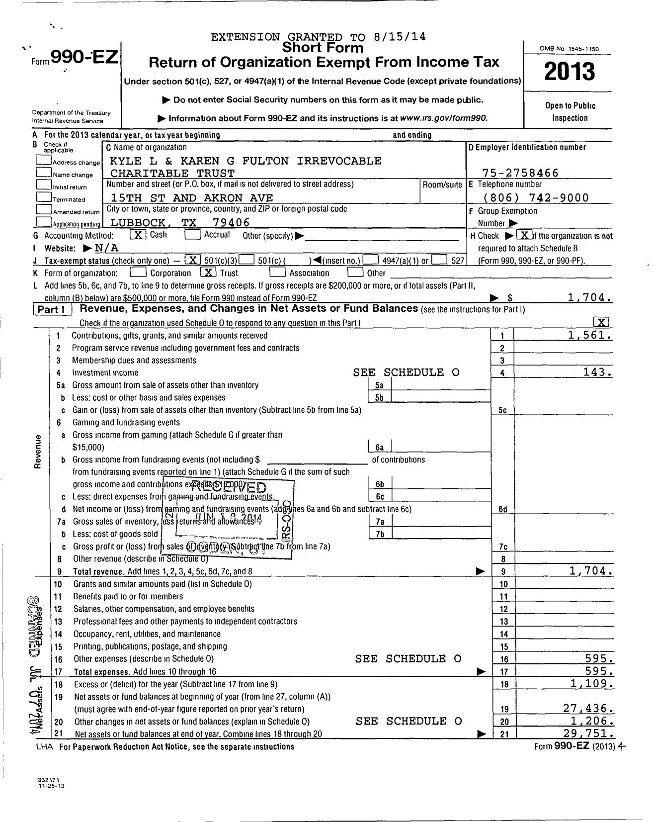 Image of first page of 2013 Form 990EZ for Kyle L and Karen G Fulton Irrevocable Charitable Trust