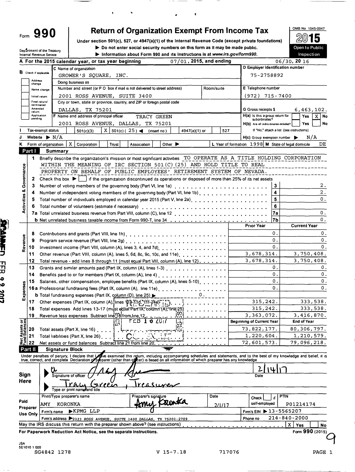 Image of first page of 2015 Form 990O for Grower's Square