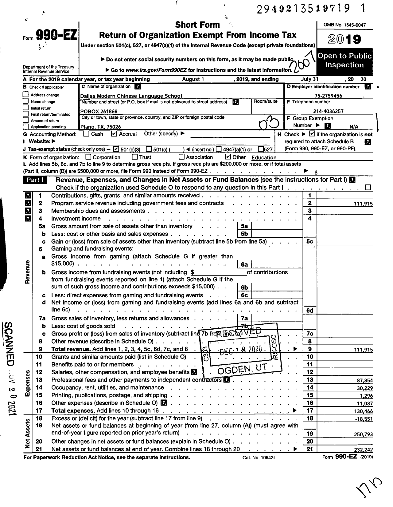 Image of first page of 2019 Form 990EZ for Dallas Modern Chinese Language School