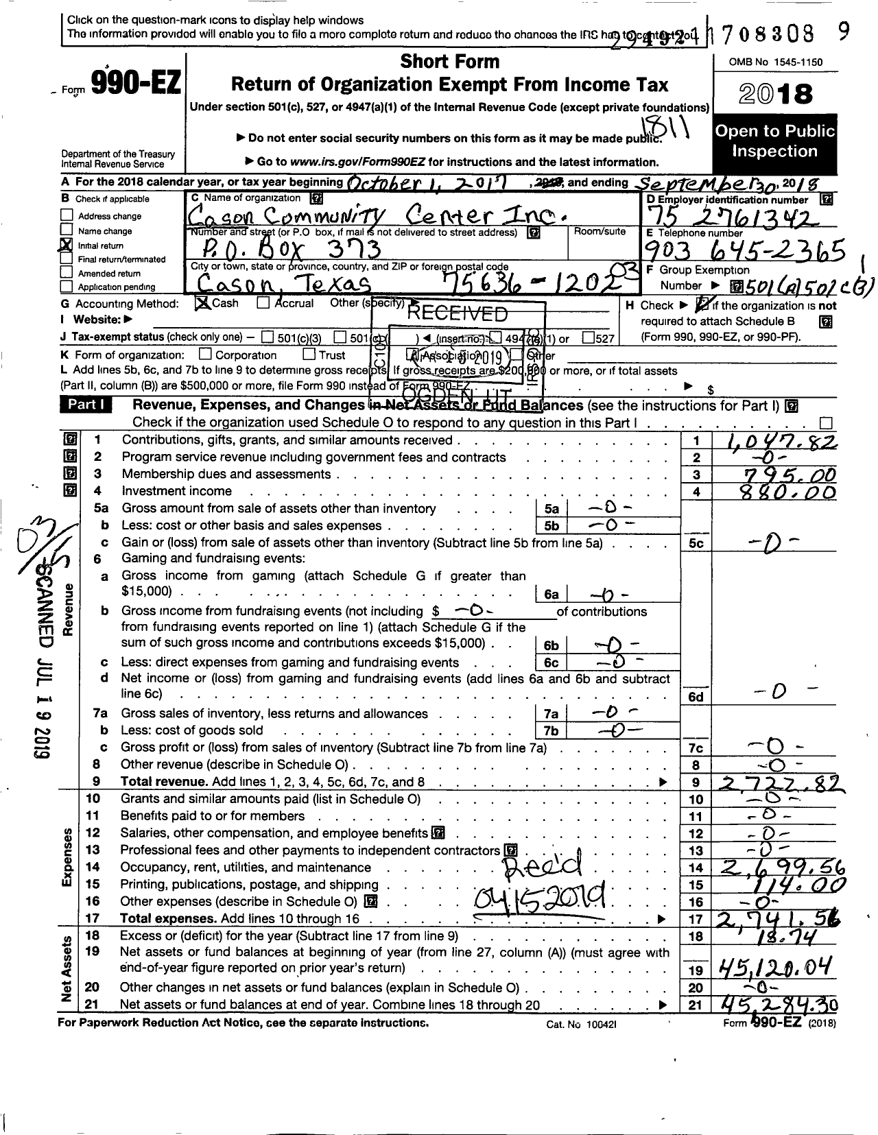 Image of first page of 2017 Form 990EZ for Cason Community Center