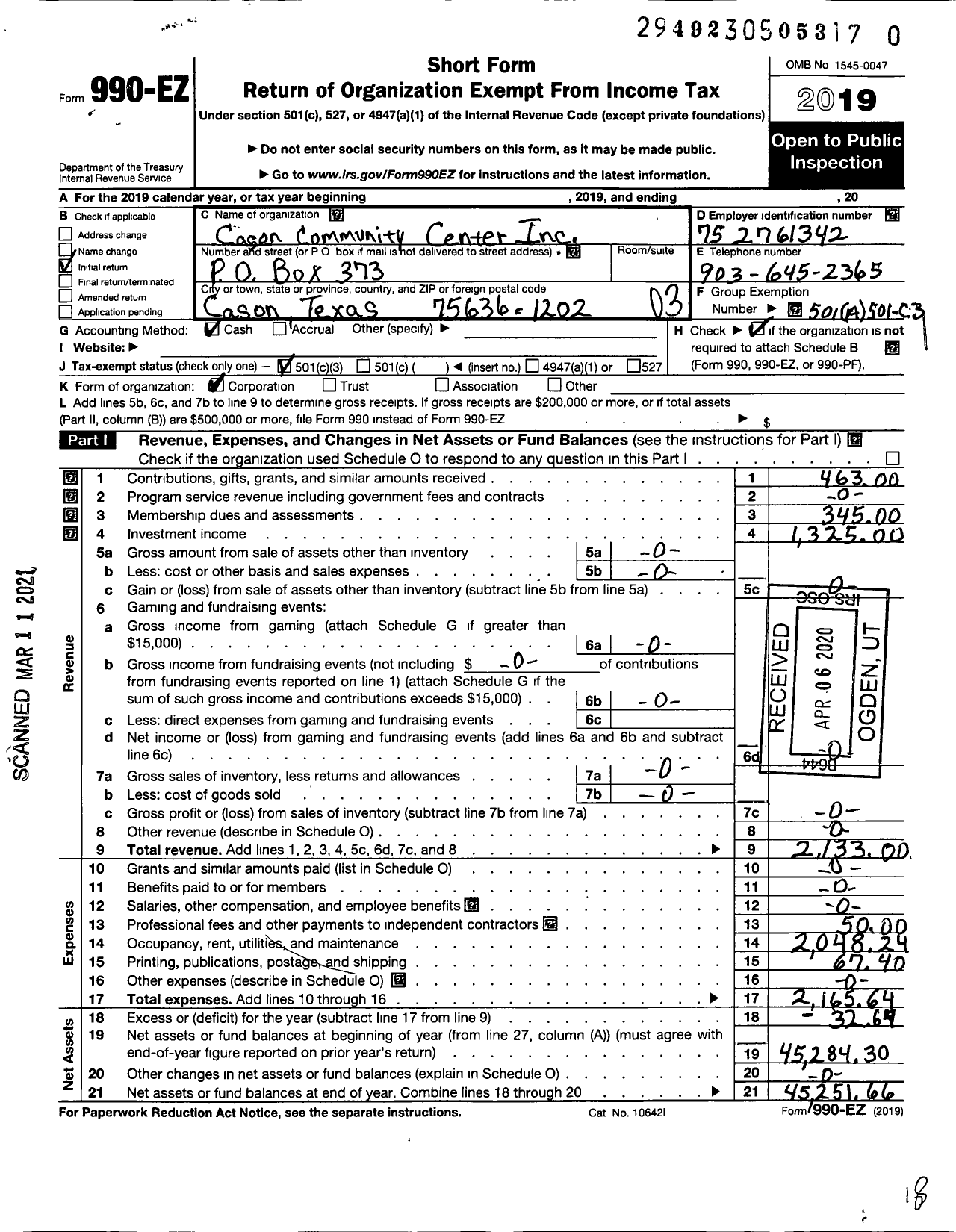 Image of first page of 2019 Form 990EZ for Cason Community Center