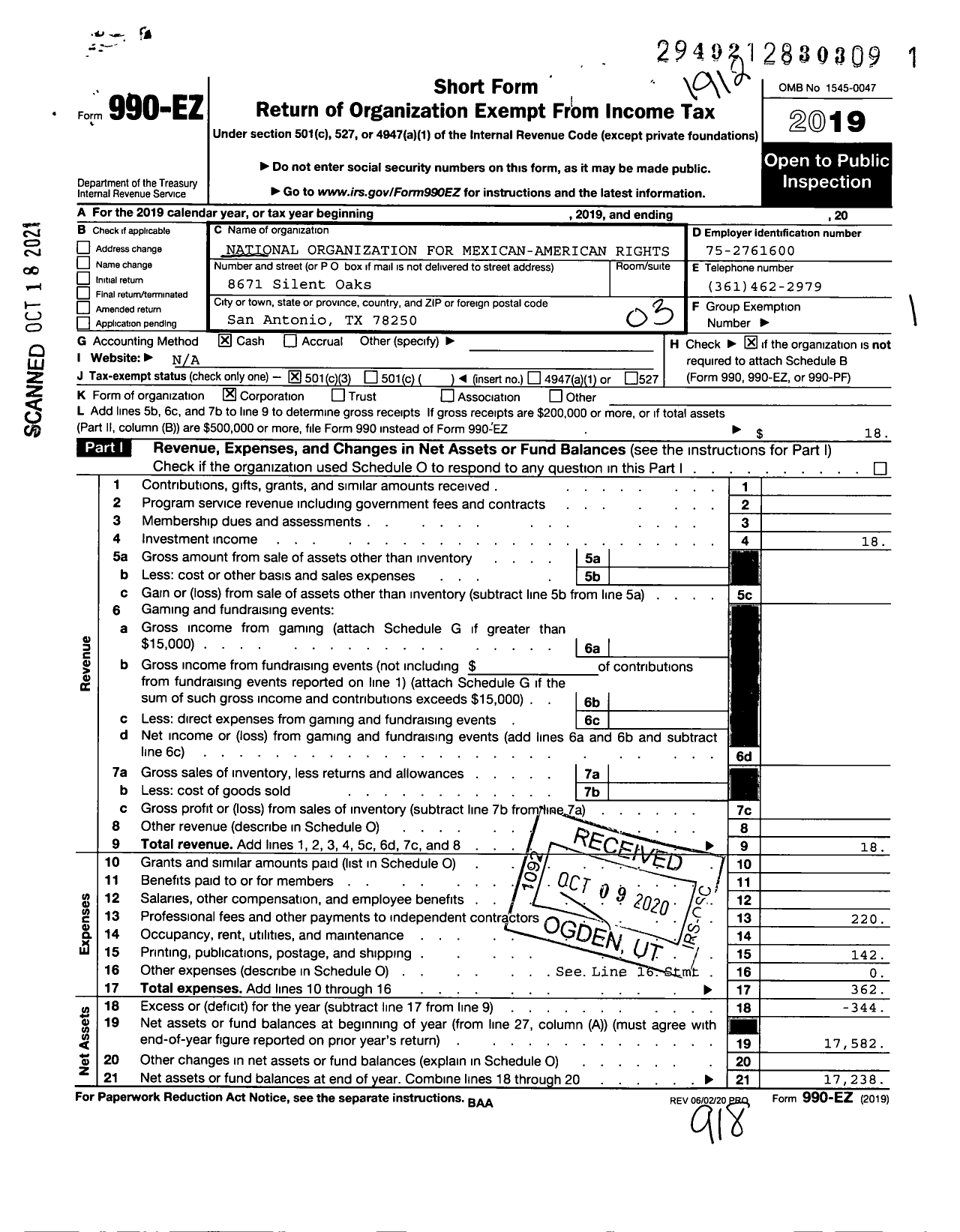 Image of first page of 2019 Form 990EZ for National Organization for Mexican-American Rights