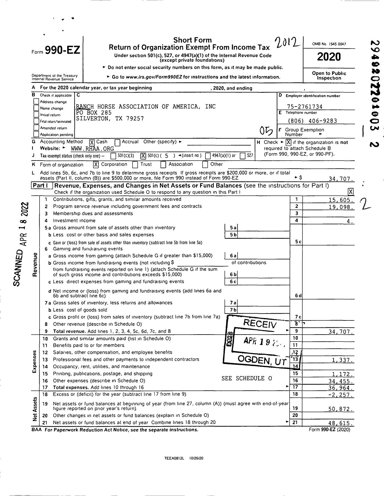 Image of first page of 2020 Form 990EO for Ranch Horse Association of America