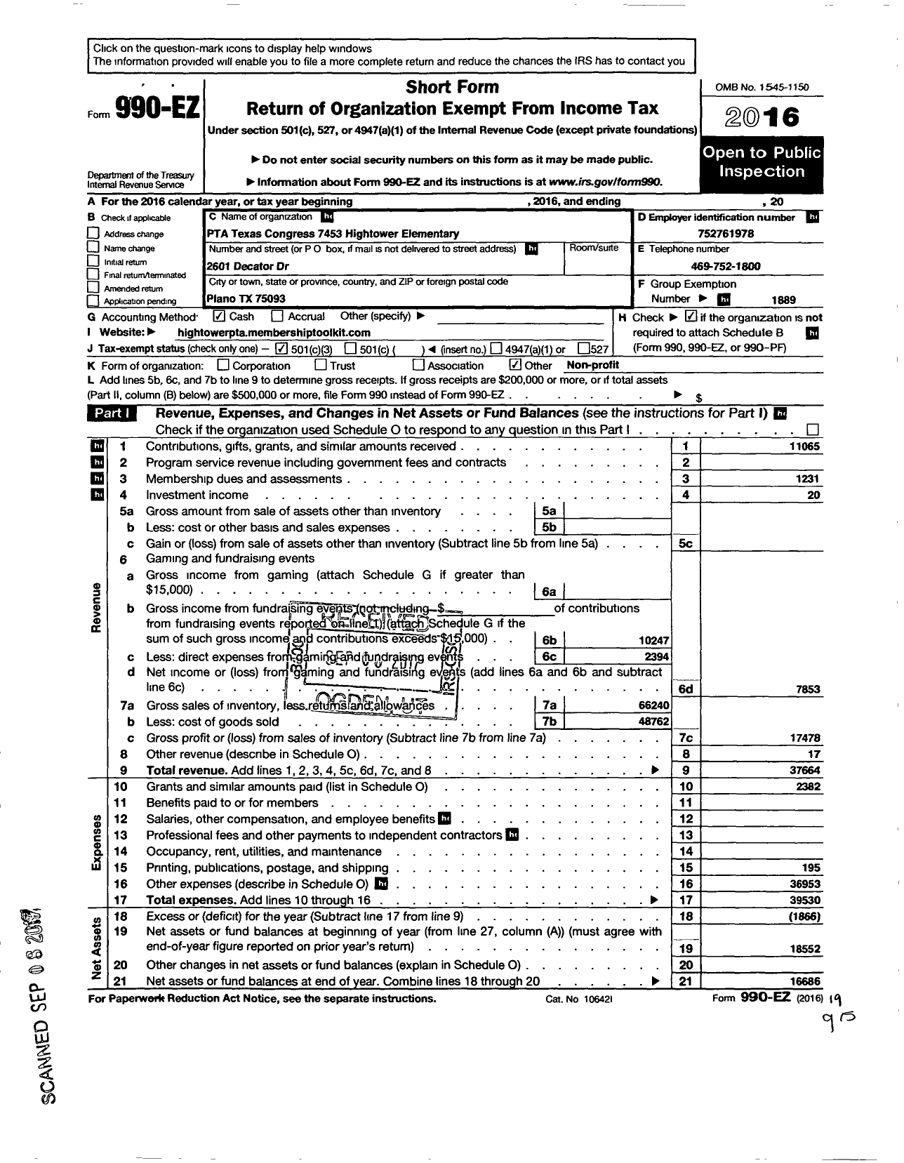 Image of first page of 2016 Form 990EZ for Texas PTA - 7453 Hightower Elementary