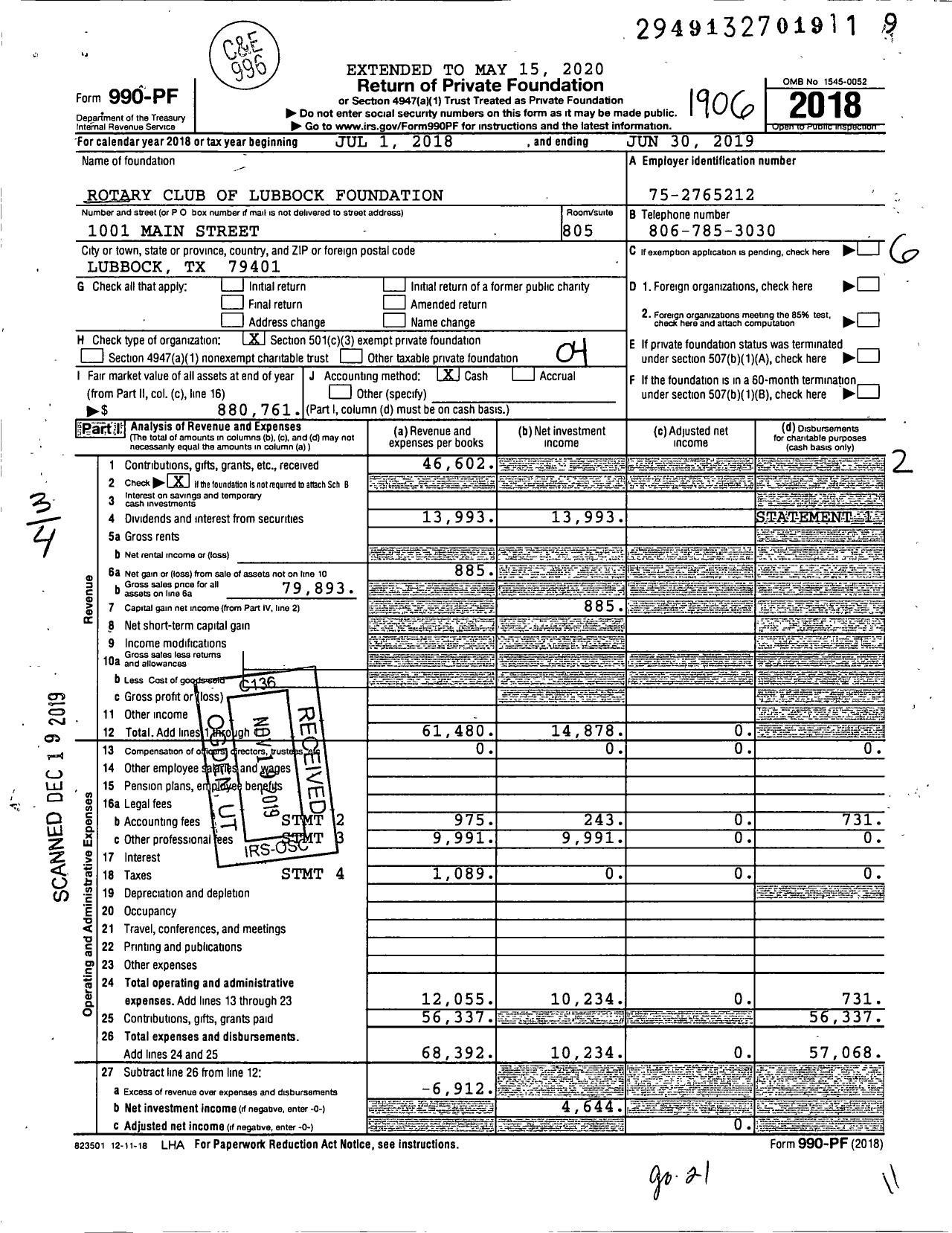 Image of first page of 2018 Form 990PF for Rotary Club of Lubbock Foundation