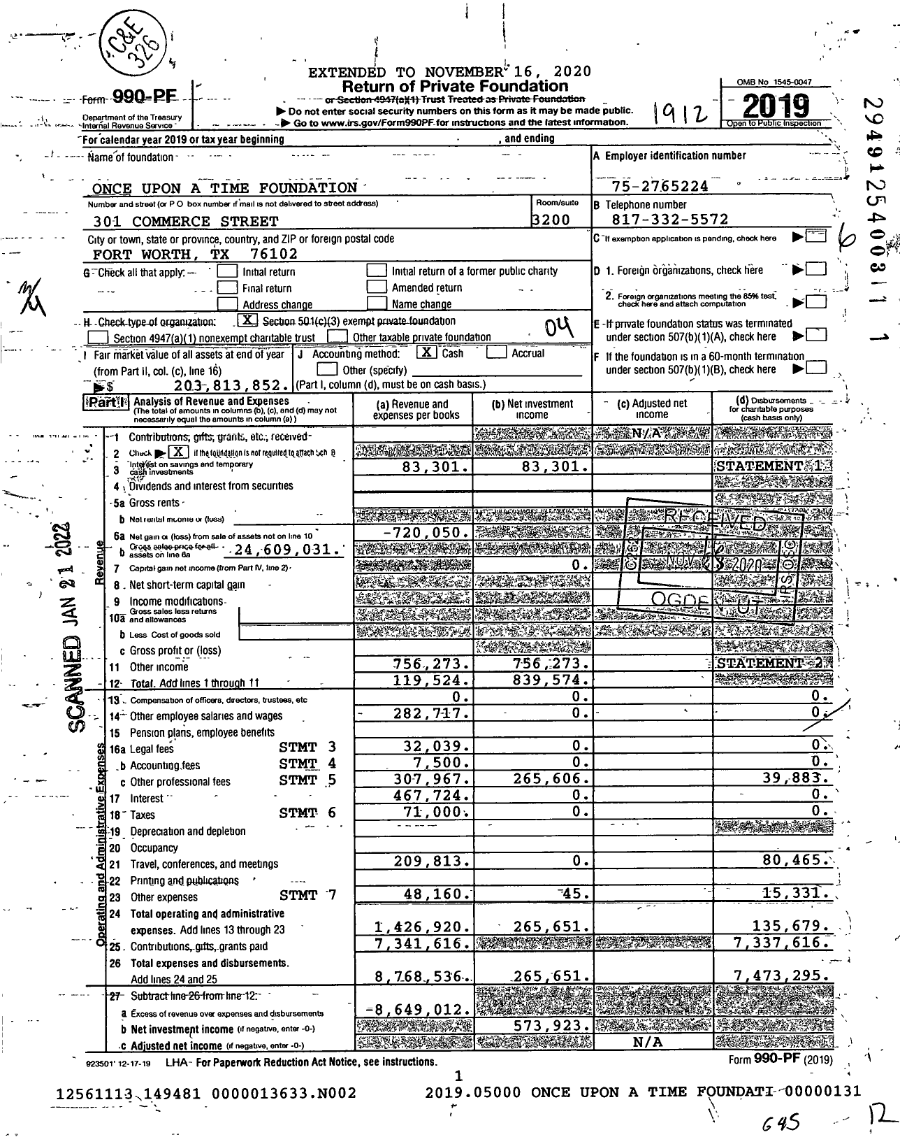 Image of first page of 2019 Form 990PF for Once Upon A Time Foundation