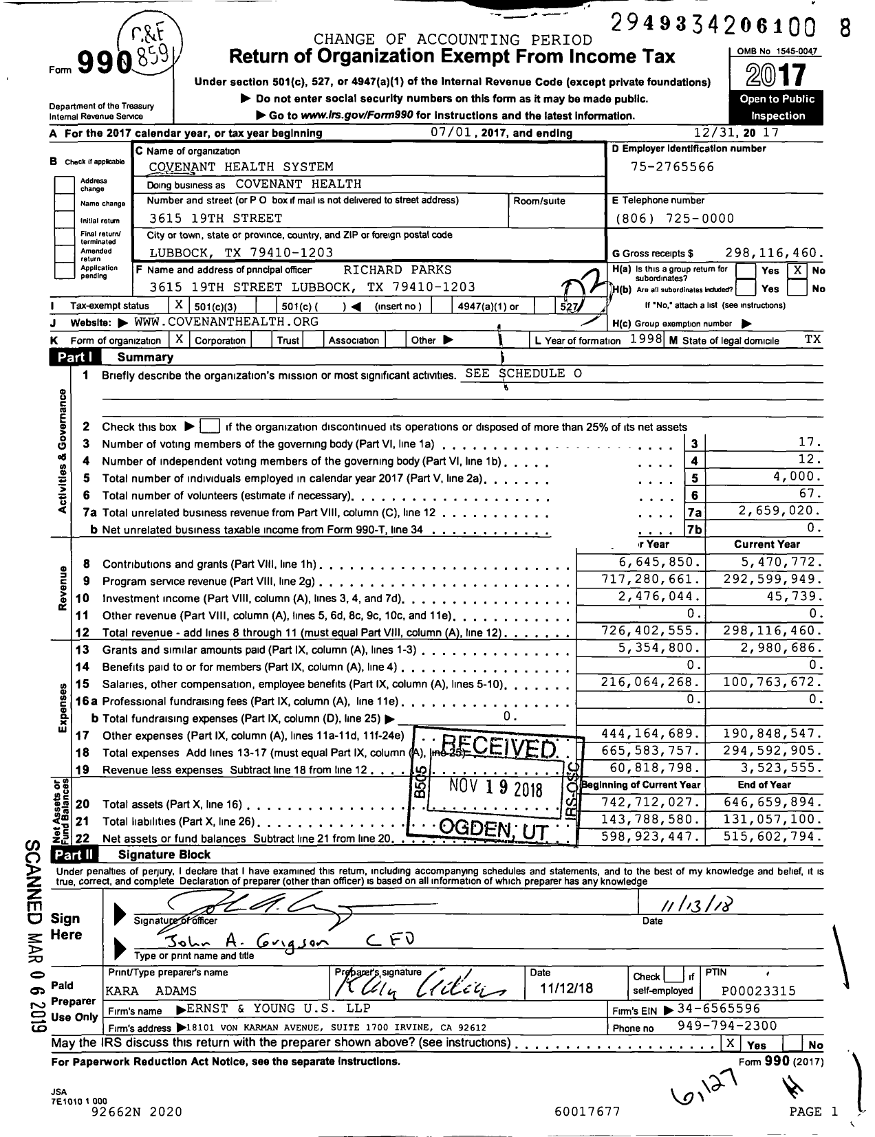 Image of first page of 2017 Form 990 for Covenant Health