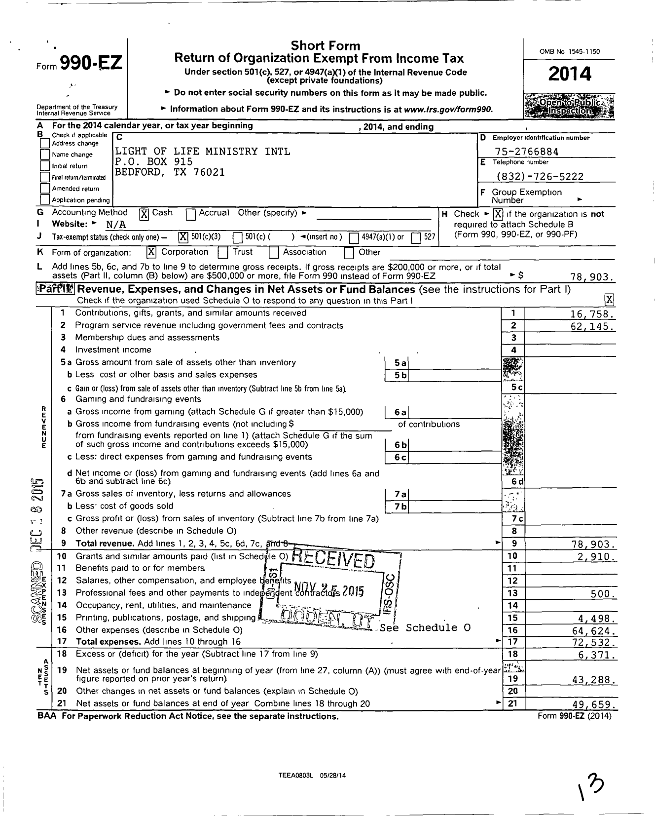 Image of first page of 2014 Form 990EZ for Light Of Life Ministry Int