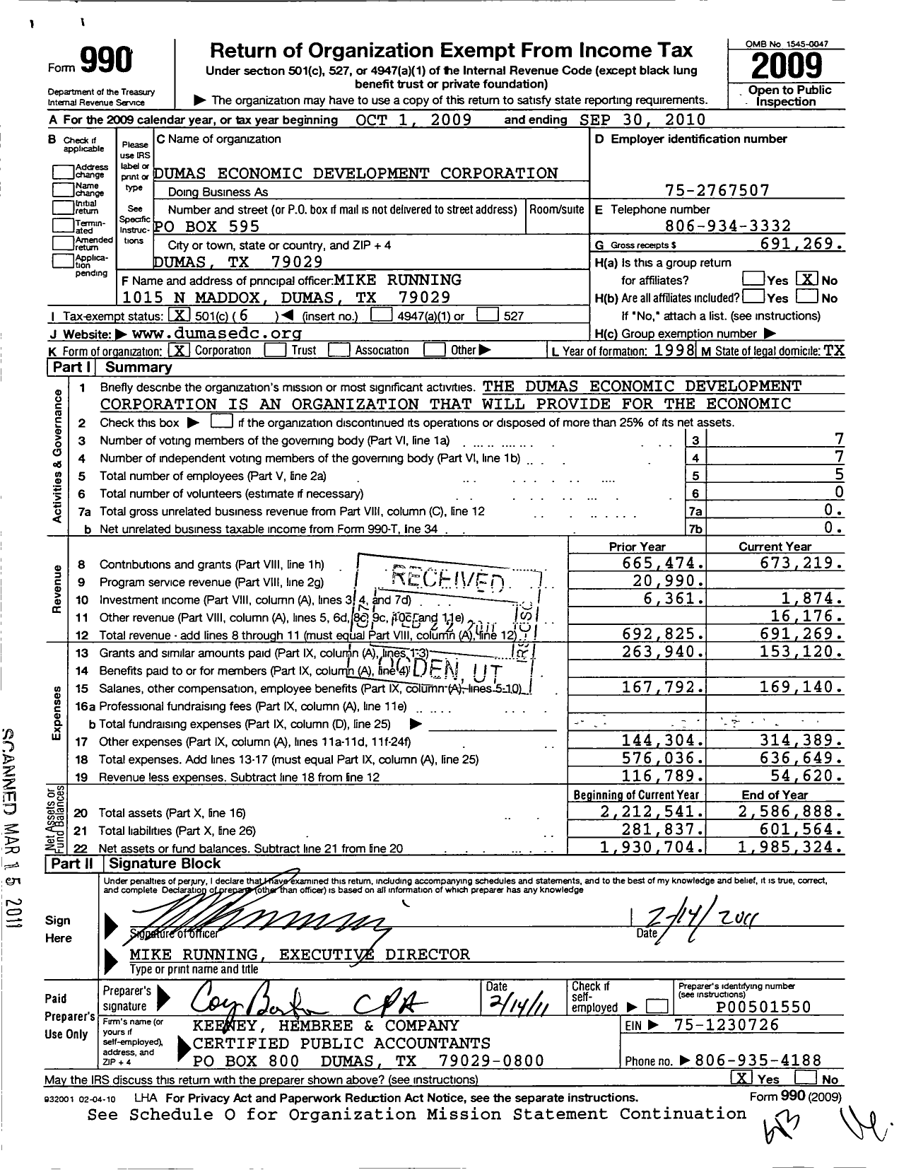 Image of first page of 2009 Form 990O for Dumas Economic Development Corporation